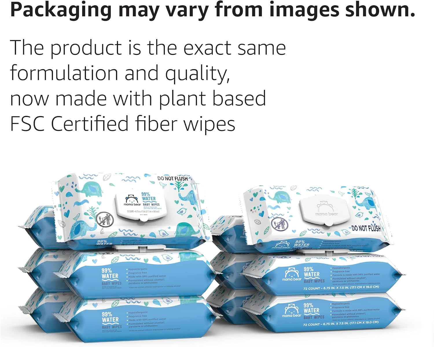 Detalle de Amazon Brand - Mama Bear 99% Water Baby Wipes, Hypoallergenic, Fragrance Free (72 Count, Pack of 6)