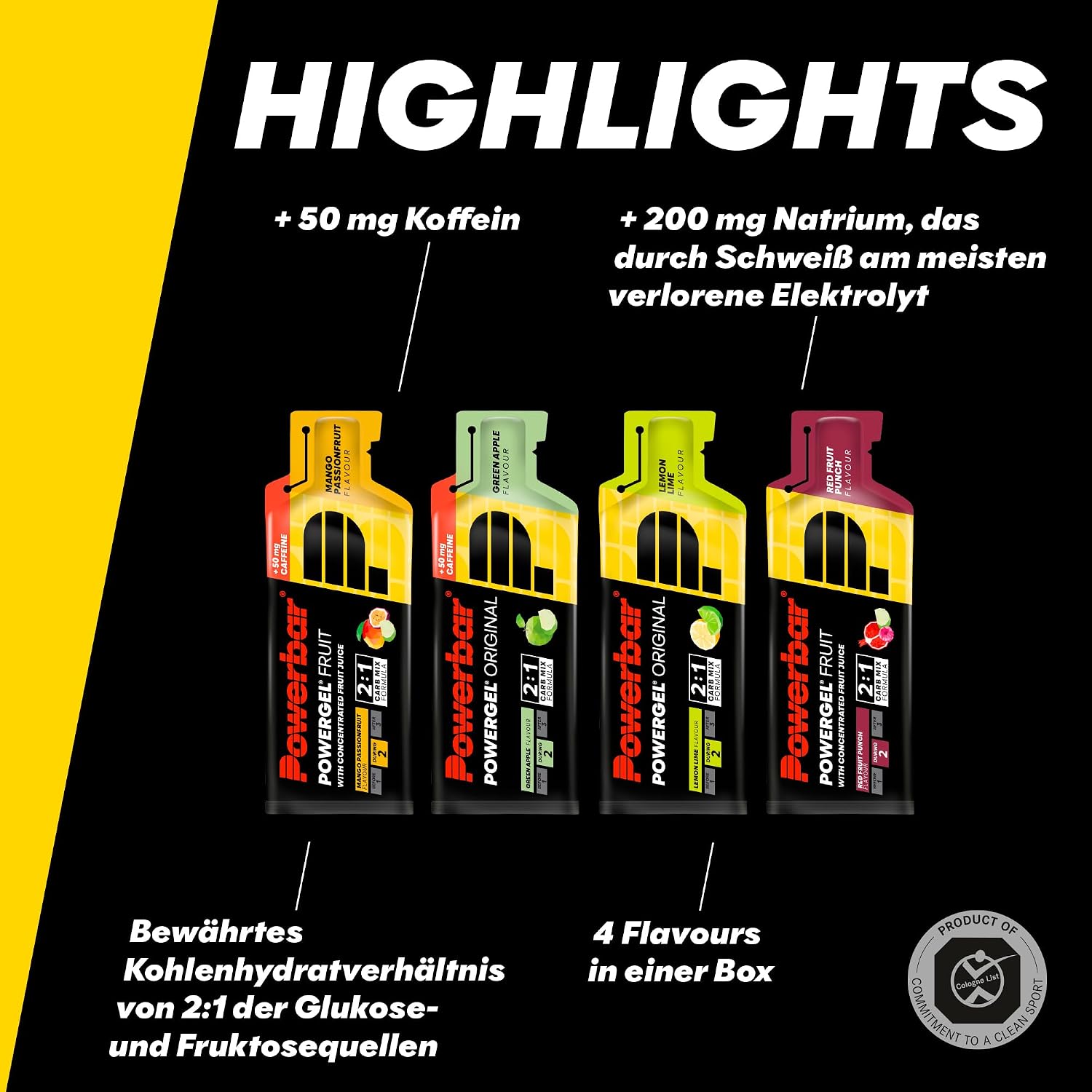 Detalle de Powerbar PowerGel Multiflavour Box – 12x41 g, High Carb Energie Gel mit 2:1 Glukose/Fruktose, koffeinhaltig, vegan