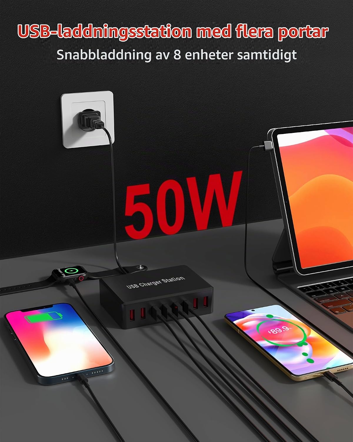 Detalle de Rsydmny USB-laddare med 8 USB-A-portar, 50 W och 5 V/10 A