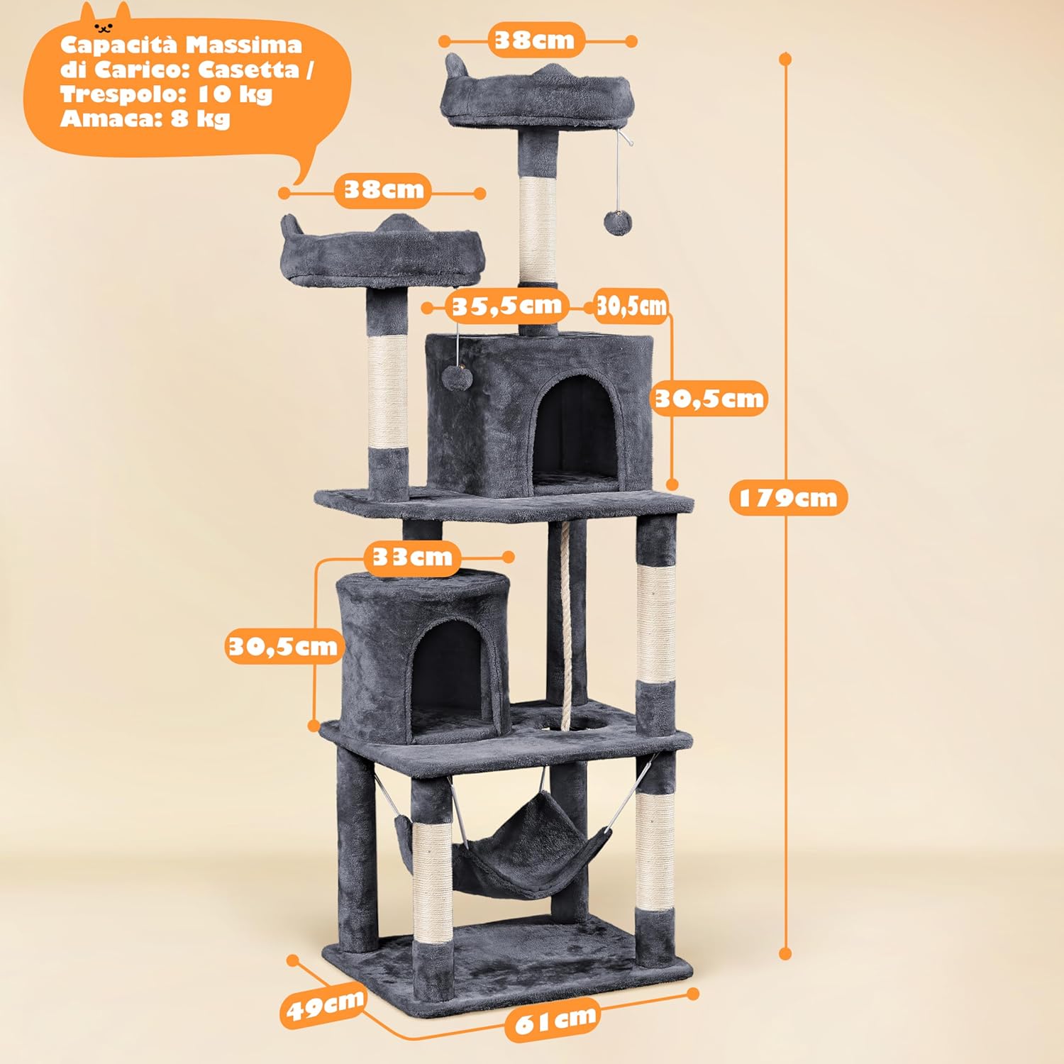 Thumbnail 2 de Yaheetech Albero tiragraffi per gatti adulti grandi con 2 palle e sisal grigio scuro (179 cm)