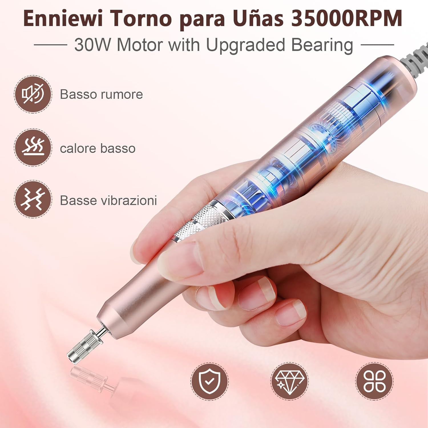 Detalle 2 de Enniewi Fresa per Unghie Professionale 35000RPM – Lima Elettrica Rosa per manicure e pedicure