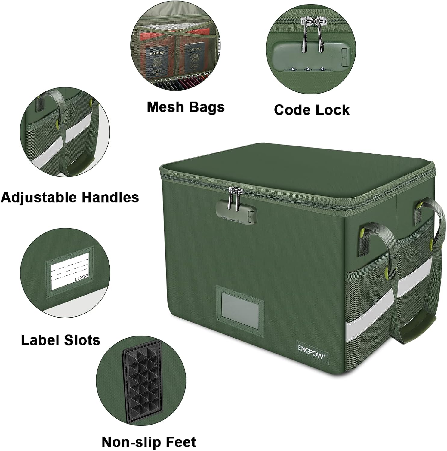 Detalle 2 de ENGPOW EG0021 Fireproof File Box with Combination Lock, Collapsible, Green