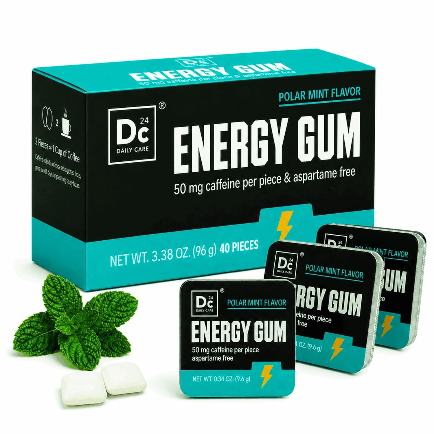 Detalle de DC24 DAILYCARE Caffeine Energy Gum, 50 mg, Polar Mint, 40 Count