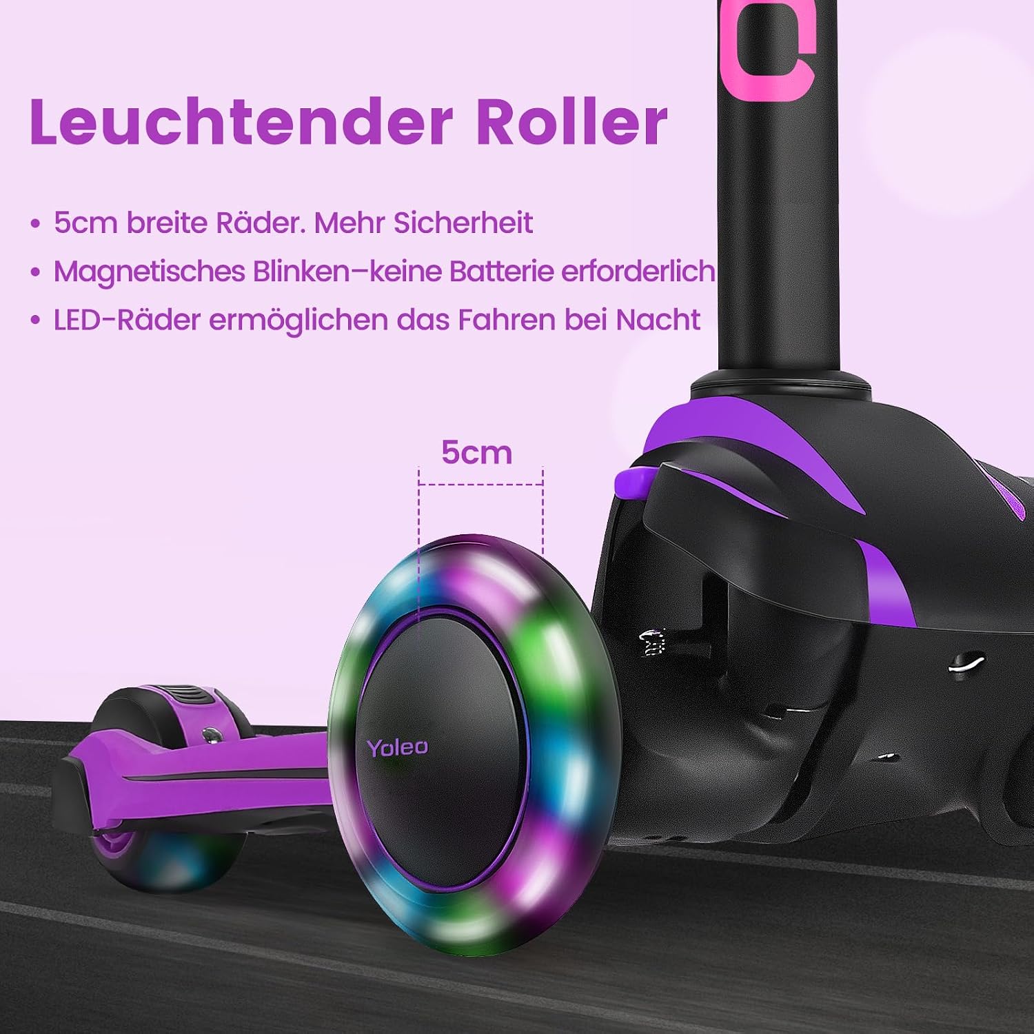 Detalle de YOLEO Roller Kinder – verstellbarer Kinderroller mit leuchtenden Rädern und schützender Dreiecksstruktur