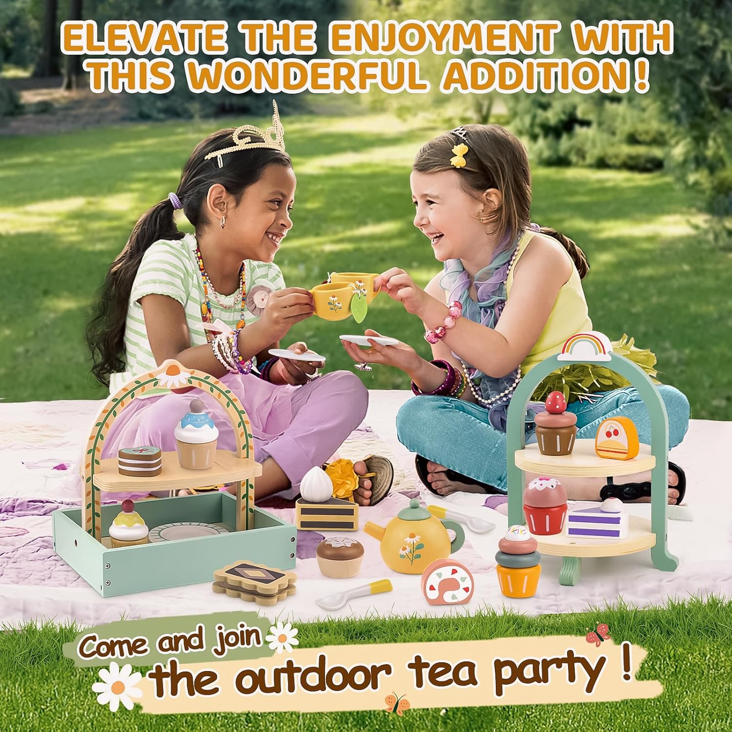 Detalle de A Wooden Tea Sets for Little Girls: Creative Play Set with Teapot, Cakes, and Stand