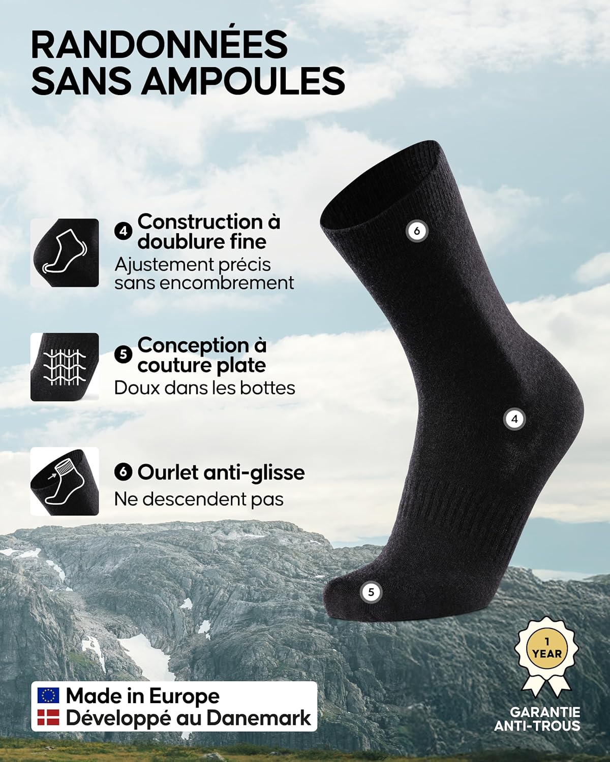 Thumbnail 2 de DANISH ENDURANCE Chaussettes de Randonnée en laine Mérinos – Lot de 2 ou 4, anti-ampoules, respirantes