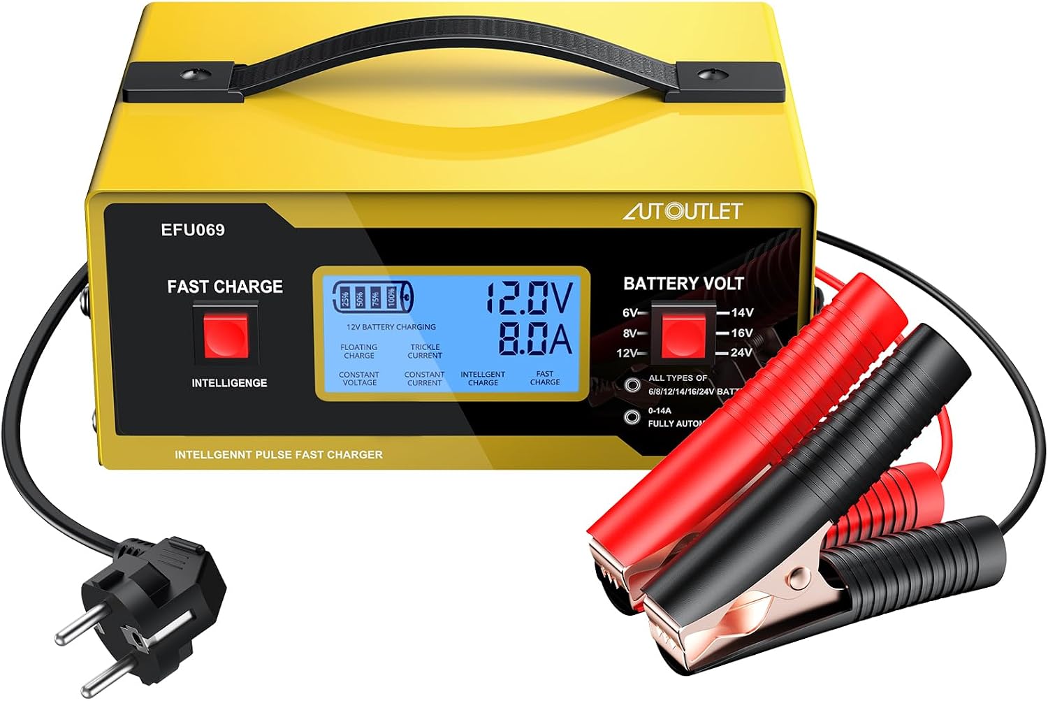 Detalle de AUTOUTLET Ladegerät Autobatterie 6/8/12/14/24V – Smartes Vollautomatisches Erhaltungsladegerät mit LCD