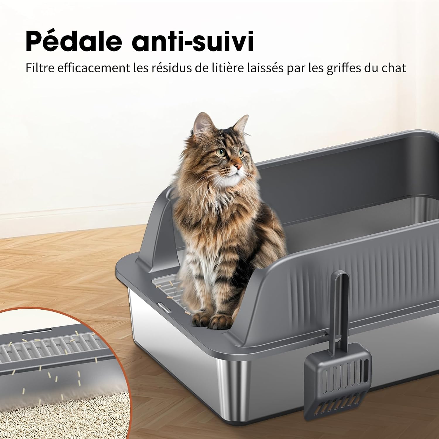 Thumbnail 4 de Bac à litière Ouvert en INOX – Grand bac métal à bords hauts, cuve profonde amovible et antiadhésif