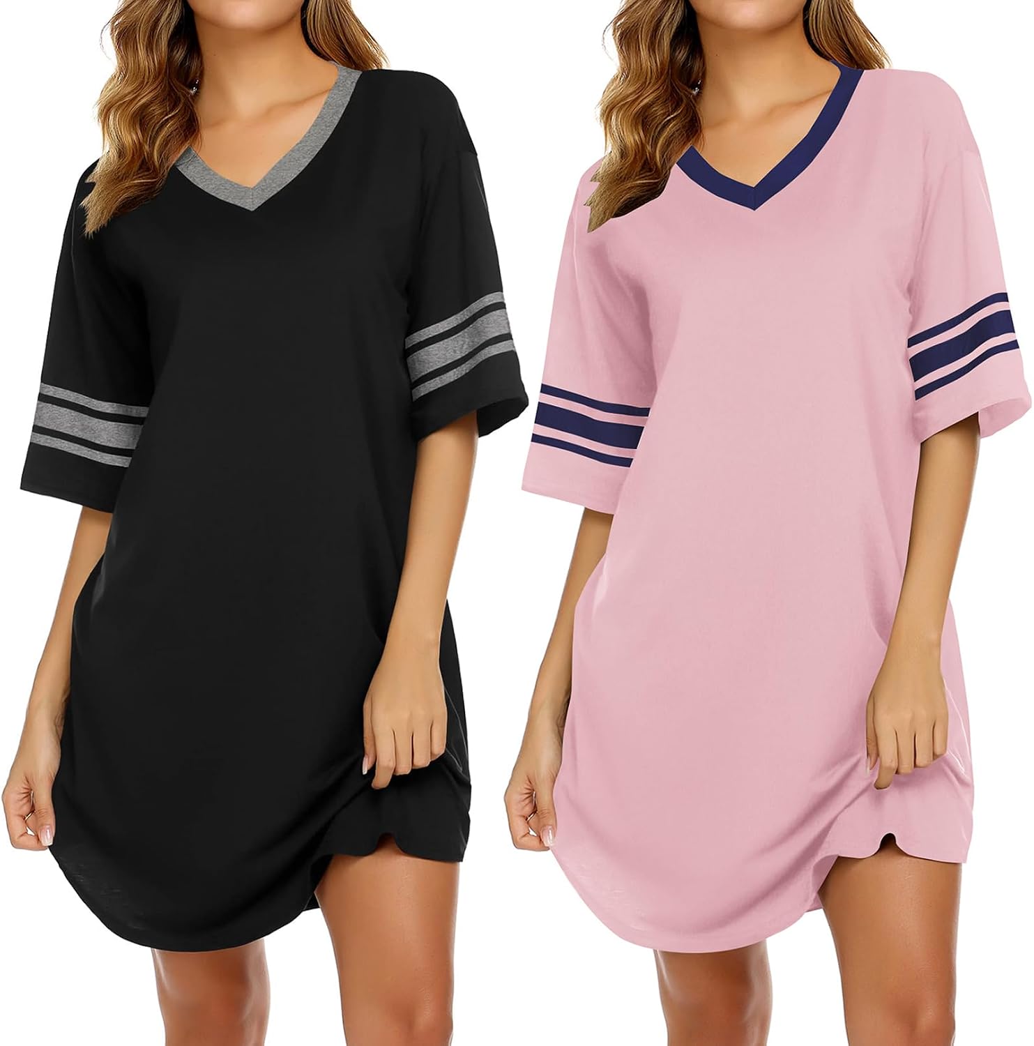 Thumbnail 6 de Ekouaer 2-Pack Women's V-Neck Nightgowns, Short-Sleeve Colour-Block Sleep Shirts