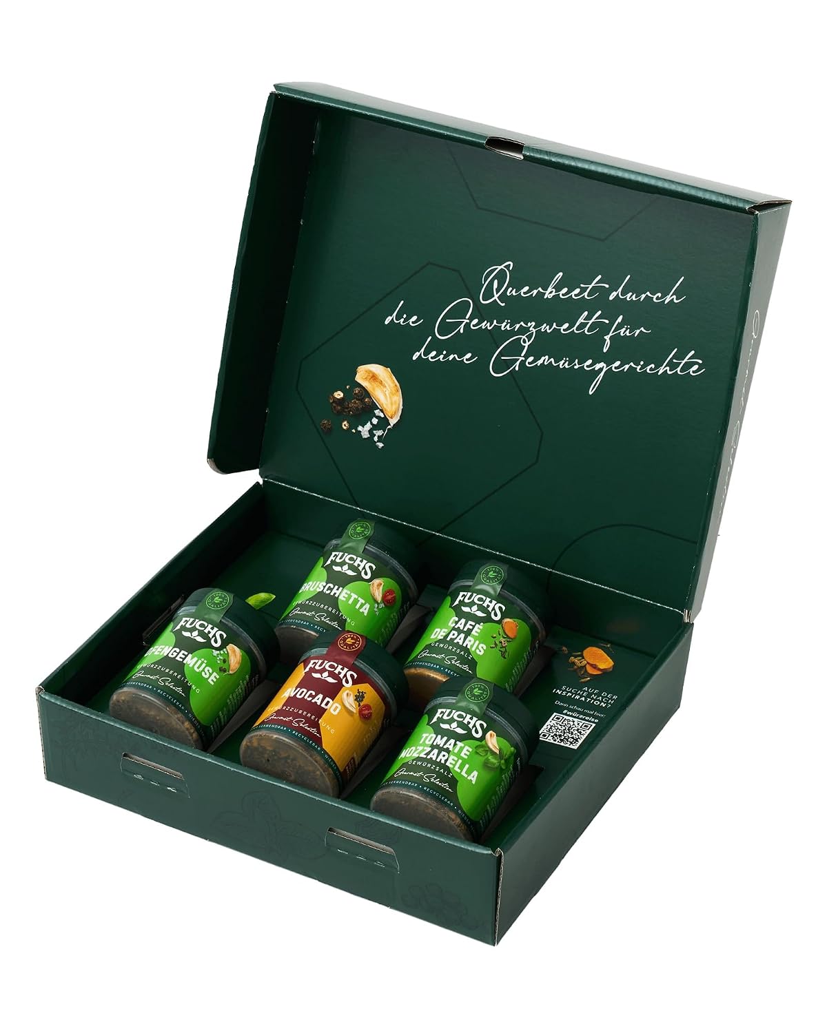 Detalle 2 de Fuchs Gourmet Selection Hot-Box-Geschenkbox mit 5 scharfen Gewürzmischungen aus verschiedenen Länderküchen