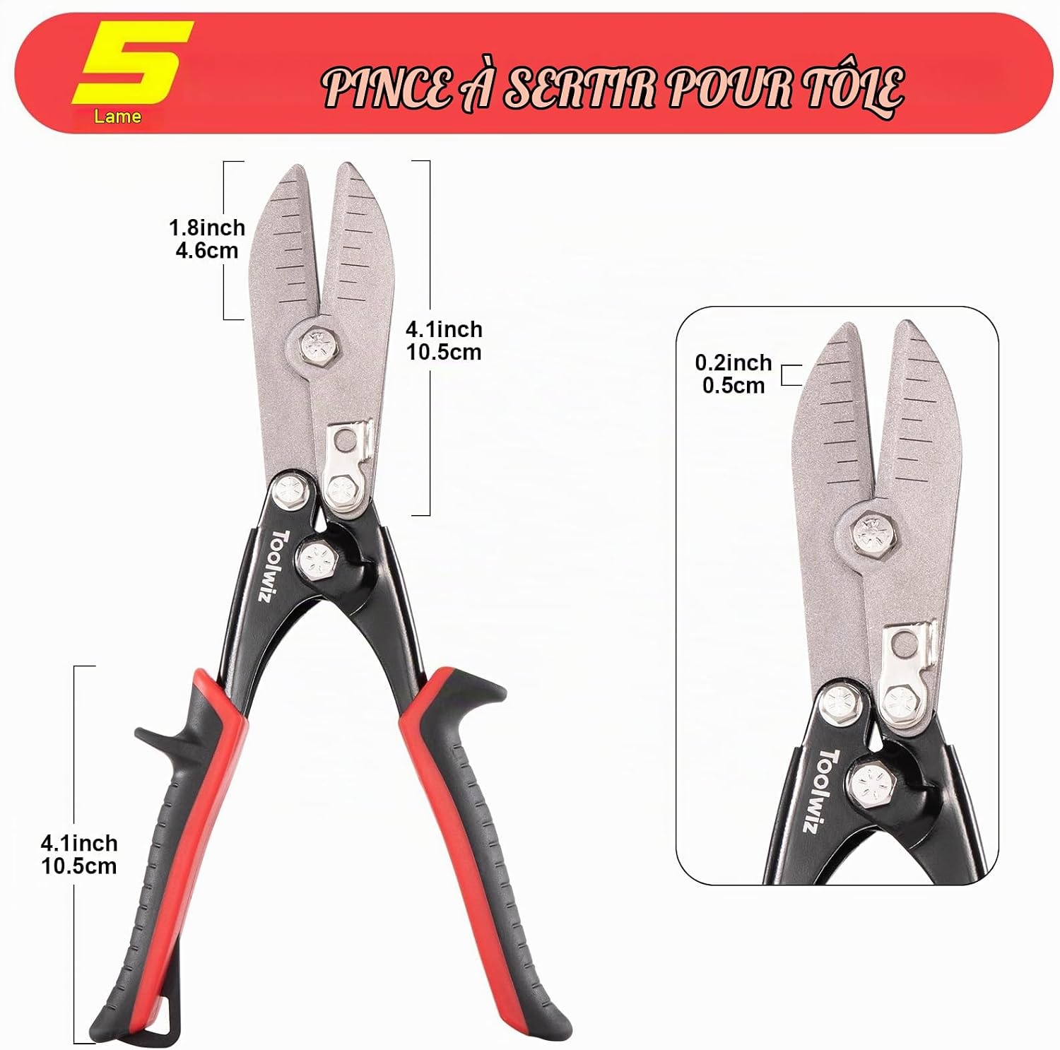 Detalle de Toolwiz TMC4065 krimptang met 5 messen voor plaatwerk van 24-26 gauge