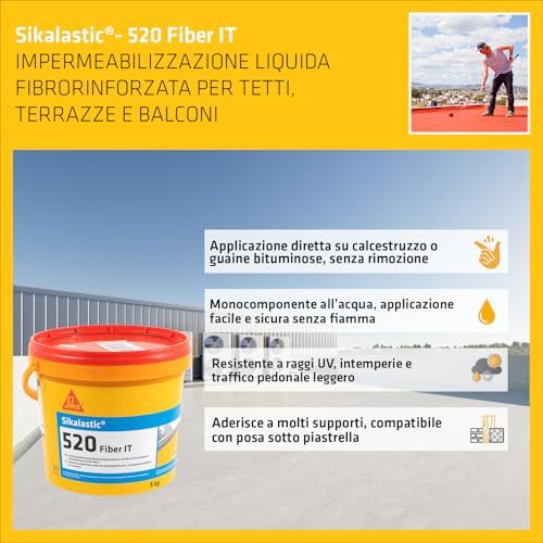 Detalle de Sikalastic-520 Fiber IT di SIKA: membrana impermeabilizzante fibrorinforzata mono-componente 5 kg (Grigio)