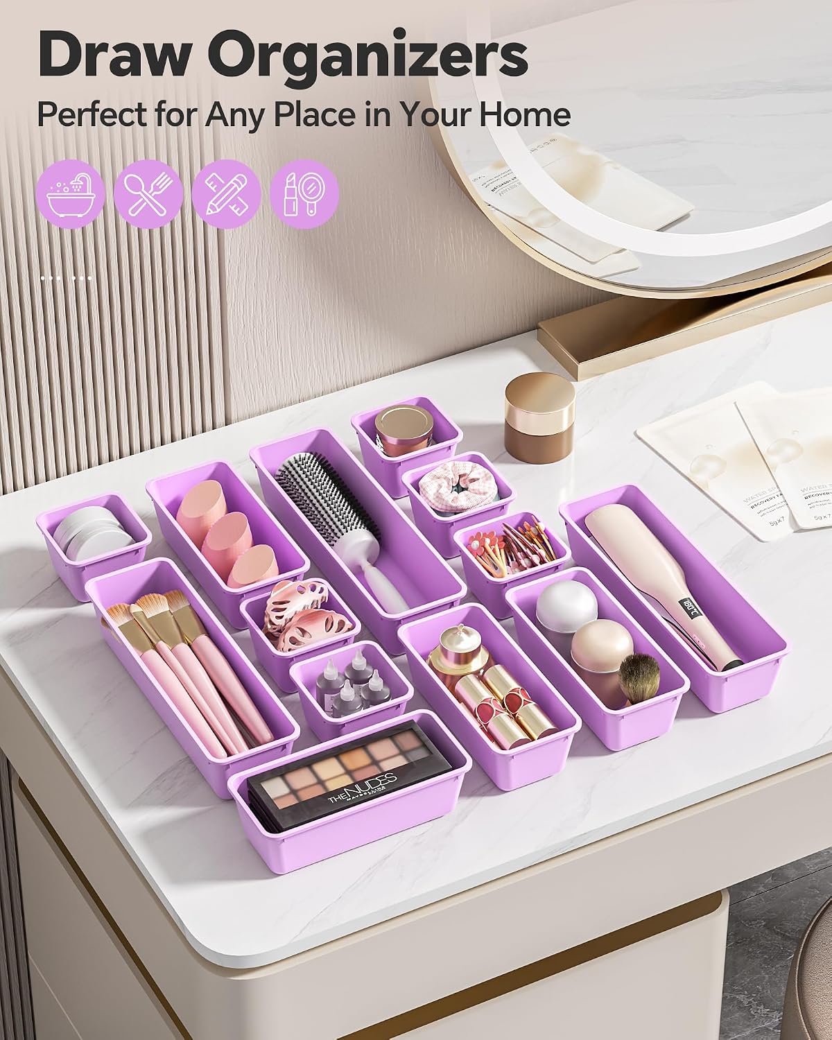 Detalle de Canfanni CT13-Purple 13-Piece Plastic Drawer Organizer Set, 3 Sizes