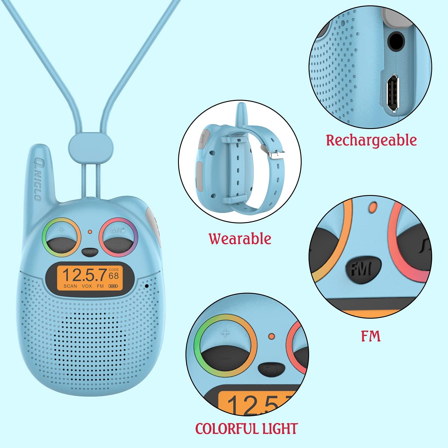 Detalle de QNIGLO Walkie Talkies for Kids (Ages 3-12) — 3 Miles Long Range, 22 Channels, Rechargeable