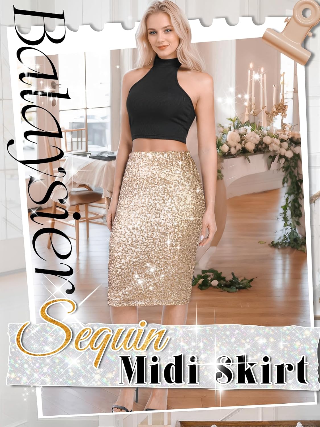 Thumbnail 2 de BALAYSIER Women Midi Sequin Skirt with Lining – Sparkle with Comfort