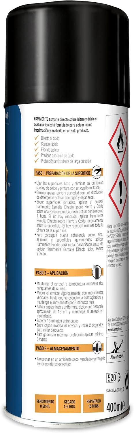 Detalle de Hammerite Spray Esmalte Sobre Hierro y Óxido Negro 400ml 🛠