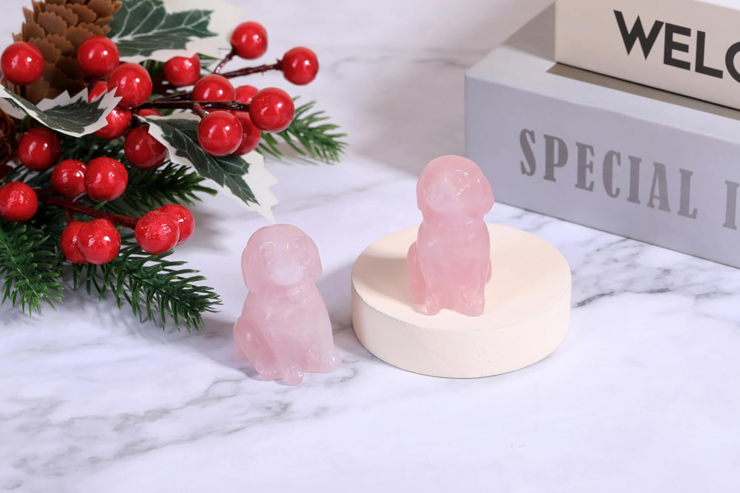Thumbnail 1 de JSDDE Rose Quartz Crystal Dog Figurine – Hand Carved Healing Gem Ornament for Dog Lovers