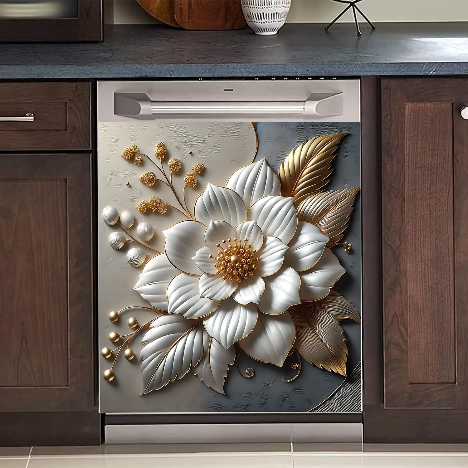 Detalle de BVBOX MAI-X01176-2M Dishwasher Magnet Cover, 23"x26" Vinyl, Metal Embossed Flowers