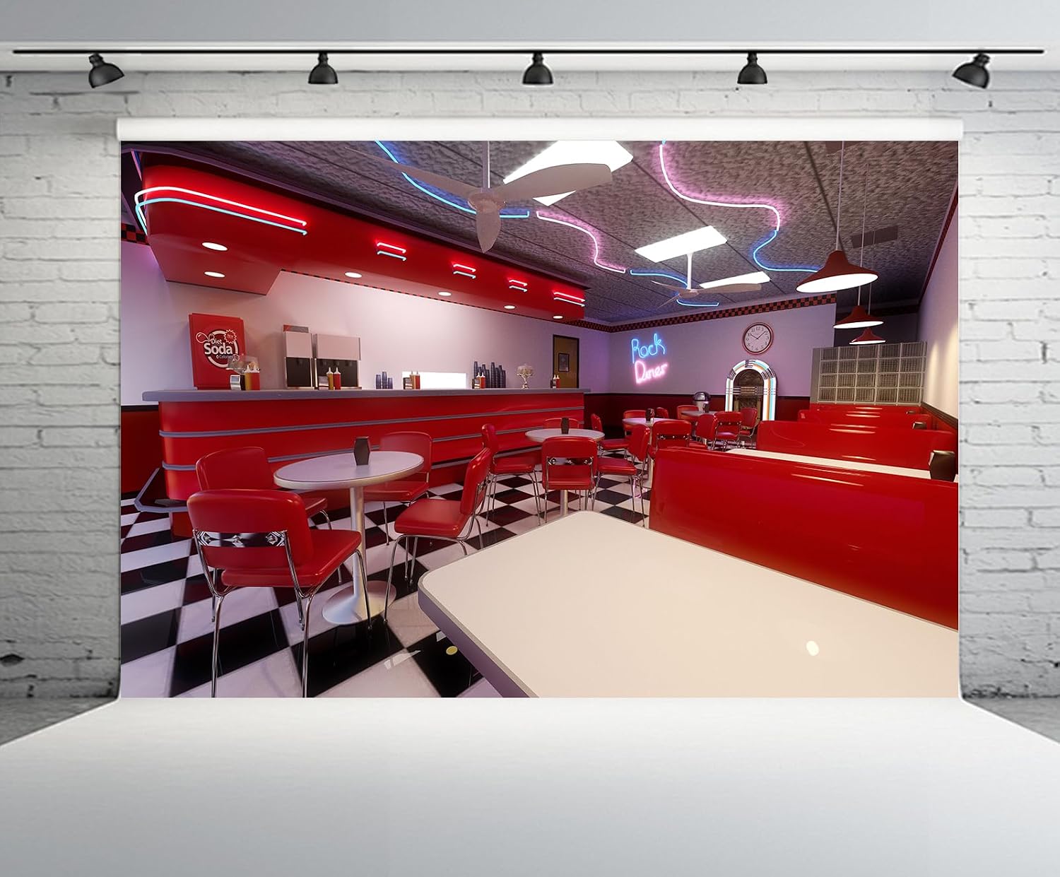 Thumbnail 1 de CHNBGPRO 1.5m x 1m American Restaurant Backdrop: Retro 50s Diner Red Interior