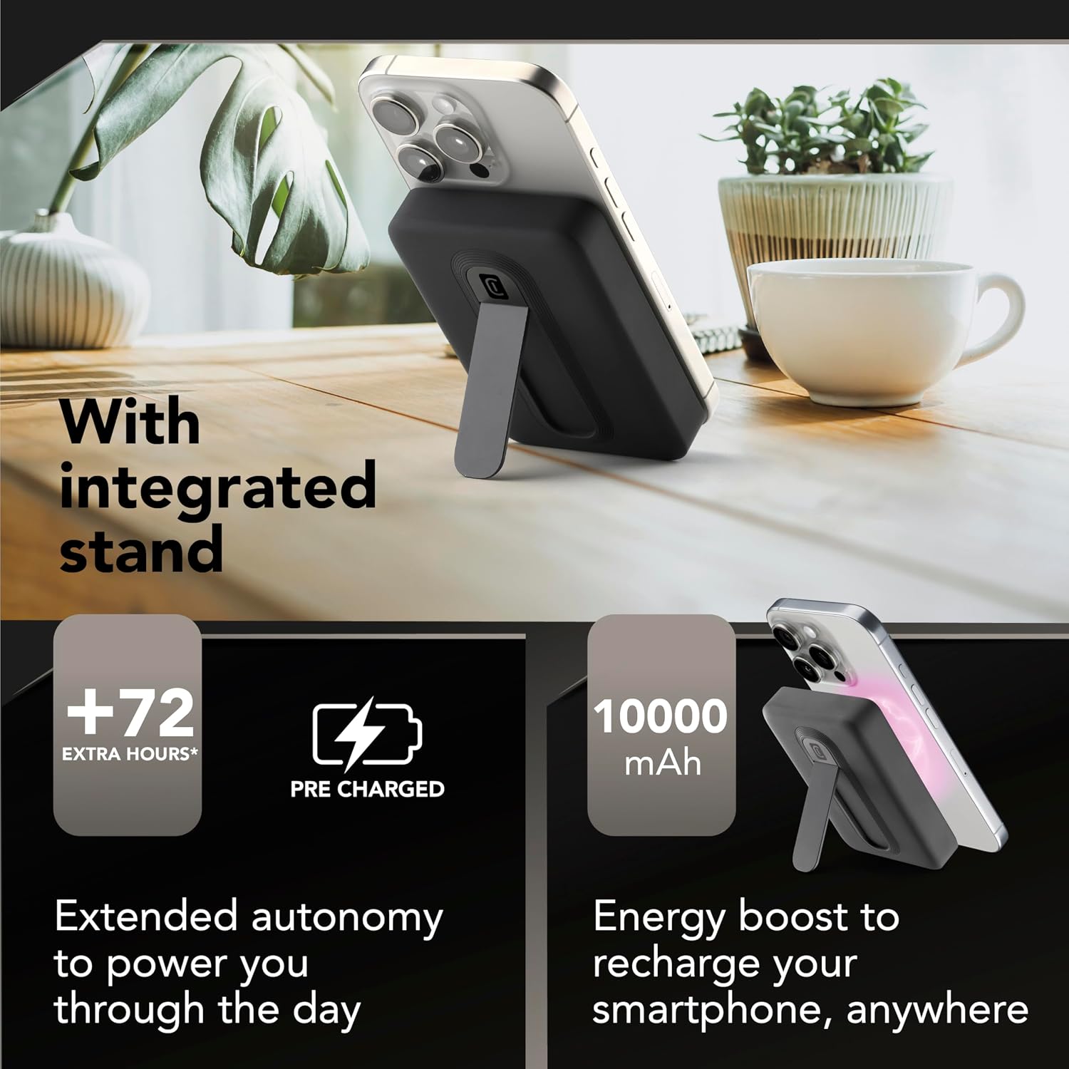 Detalle de Power Bank Cellularline 5.000 mAh Qi2 15W con Stand Integrato e USB-C 20W – Soft-Touch Nero