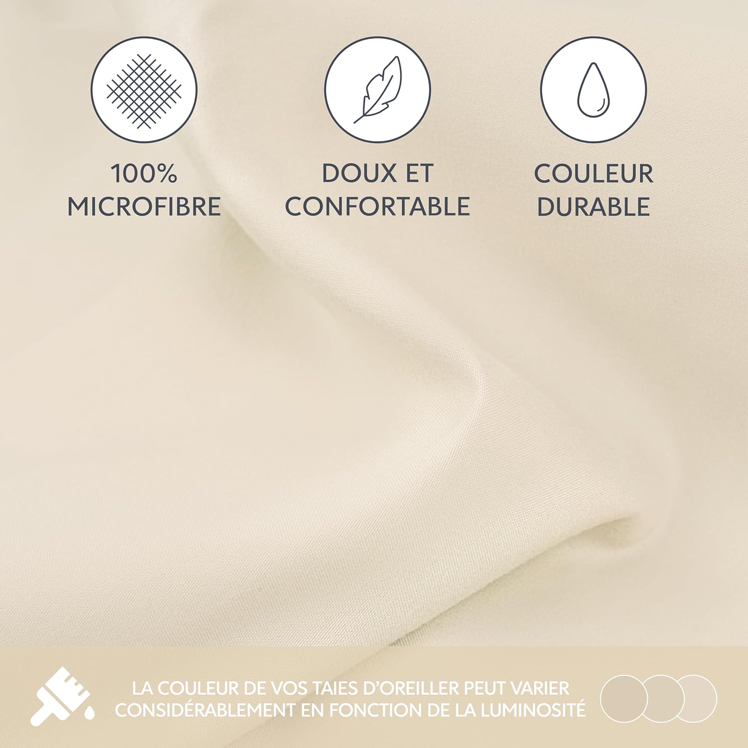 Thumbnail 3 de Dreamzie Taie d’oreiller 65x65 cm en microfibre (lot de 2) beige, fermeture éclair certifiée Oeko-Tex