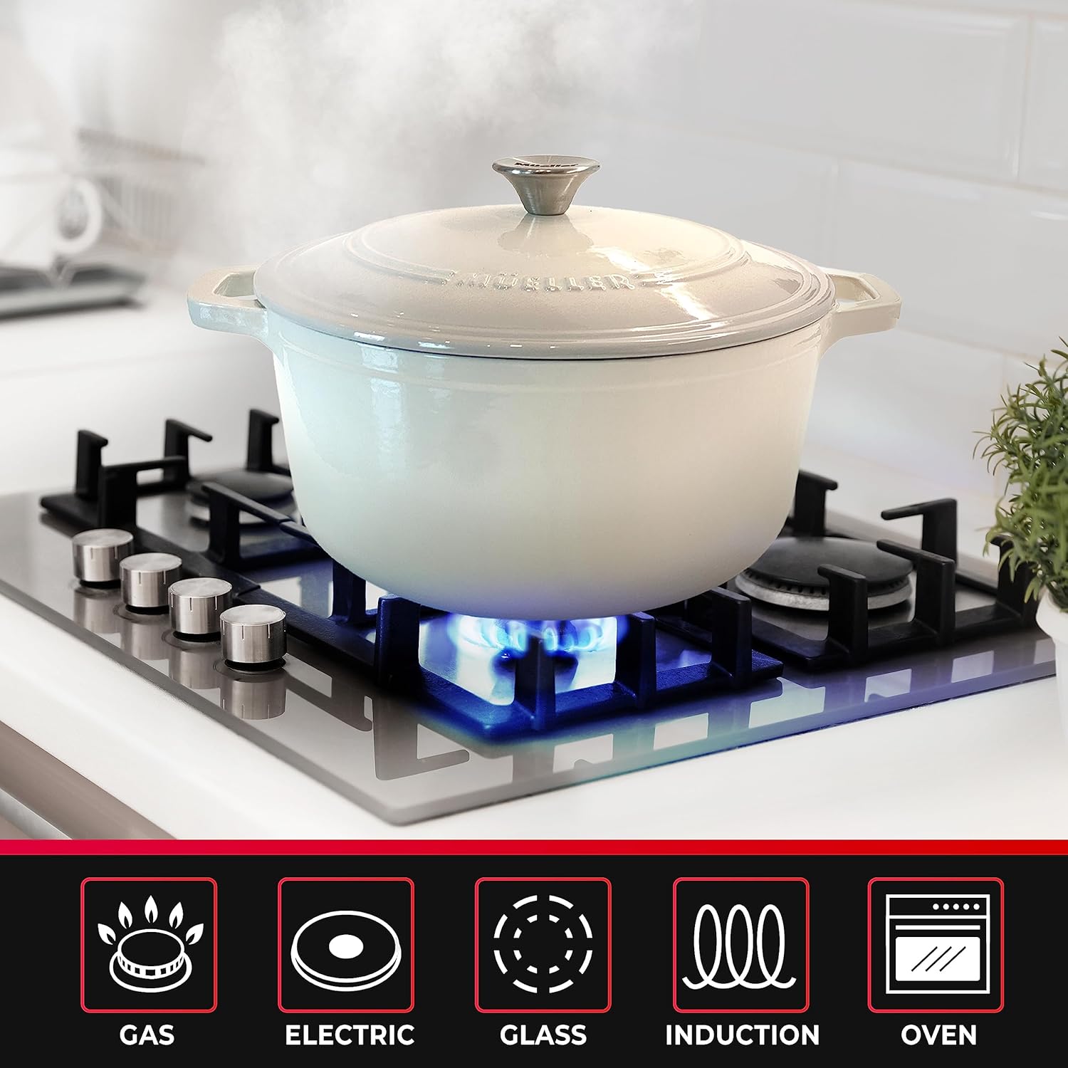 Thumbnail 5 de Mueller 6qt Enameled Cast Iron Dutch Oven with Lid and Knob (White)
