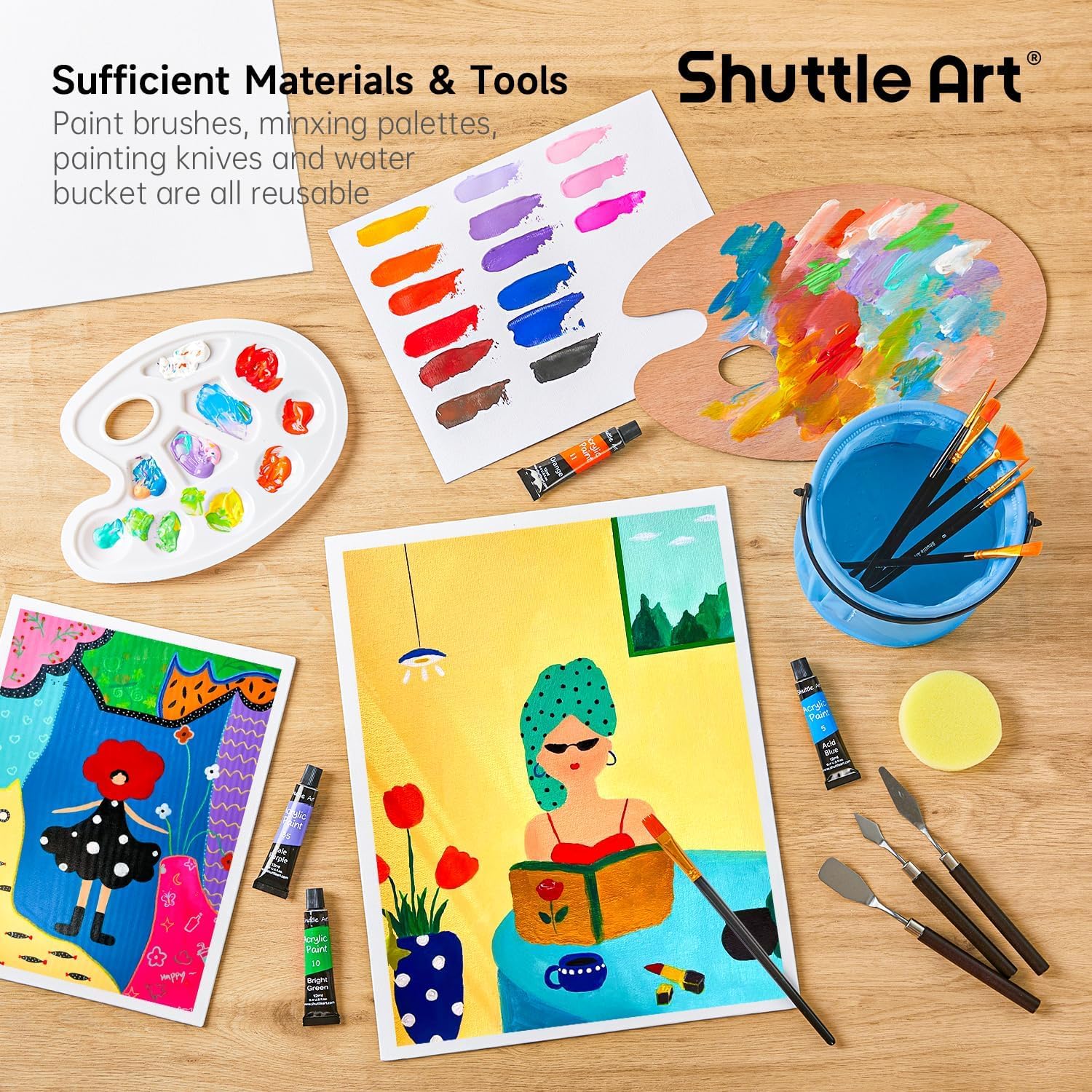 Detalle de Shuttle Art 66 Pack Acrylic Paint Set with Wooden Easel, Canvas and Brushes