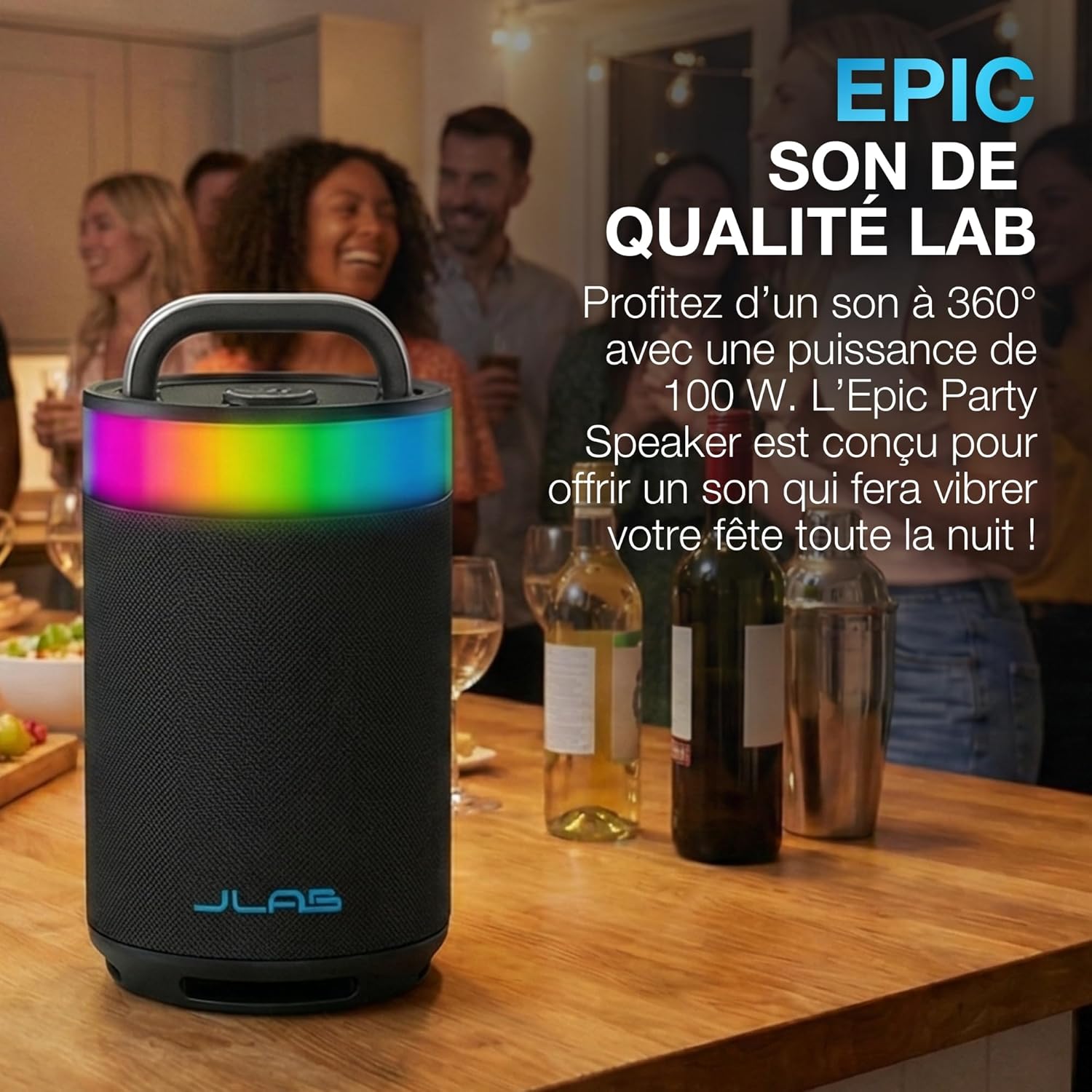 Detalle de JLab Epic Party enceinte Bluetooth portable 100W IP56, autonomie jusqu’à 16 h et lumières RGB