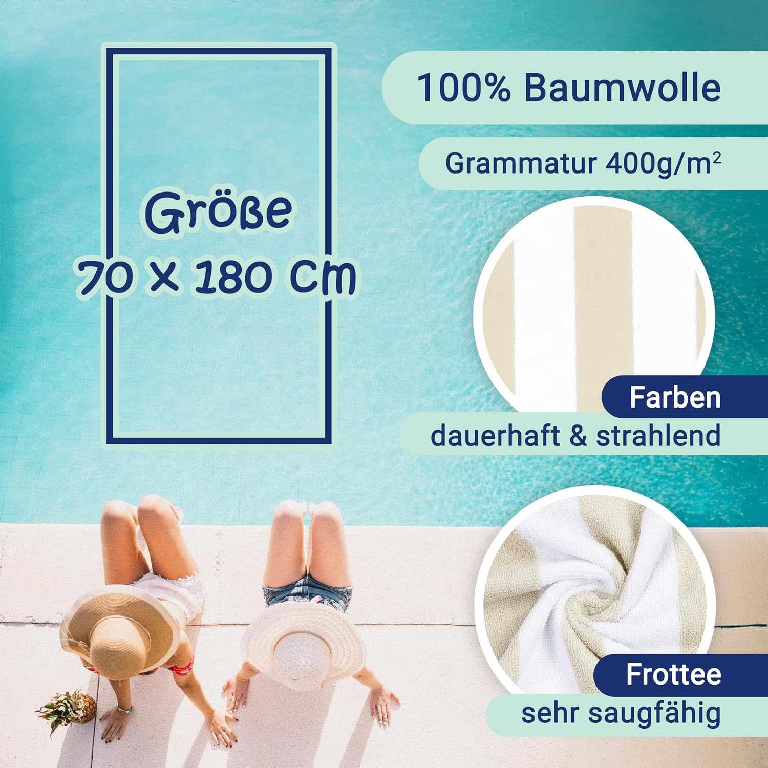 Detalle de ZOLLNER 2er Set Strandtücher 70x180 cm – strapazierfähig, saugstark, OEKO-TEX zertifiziert