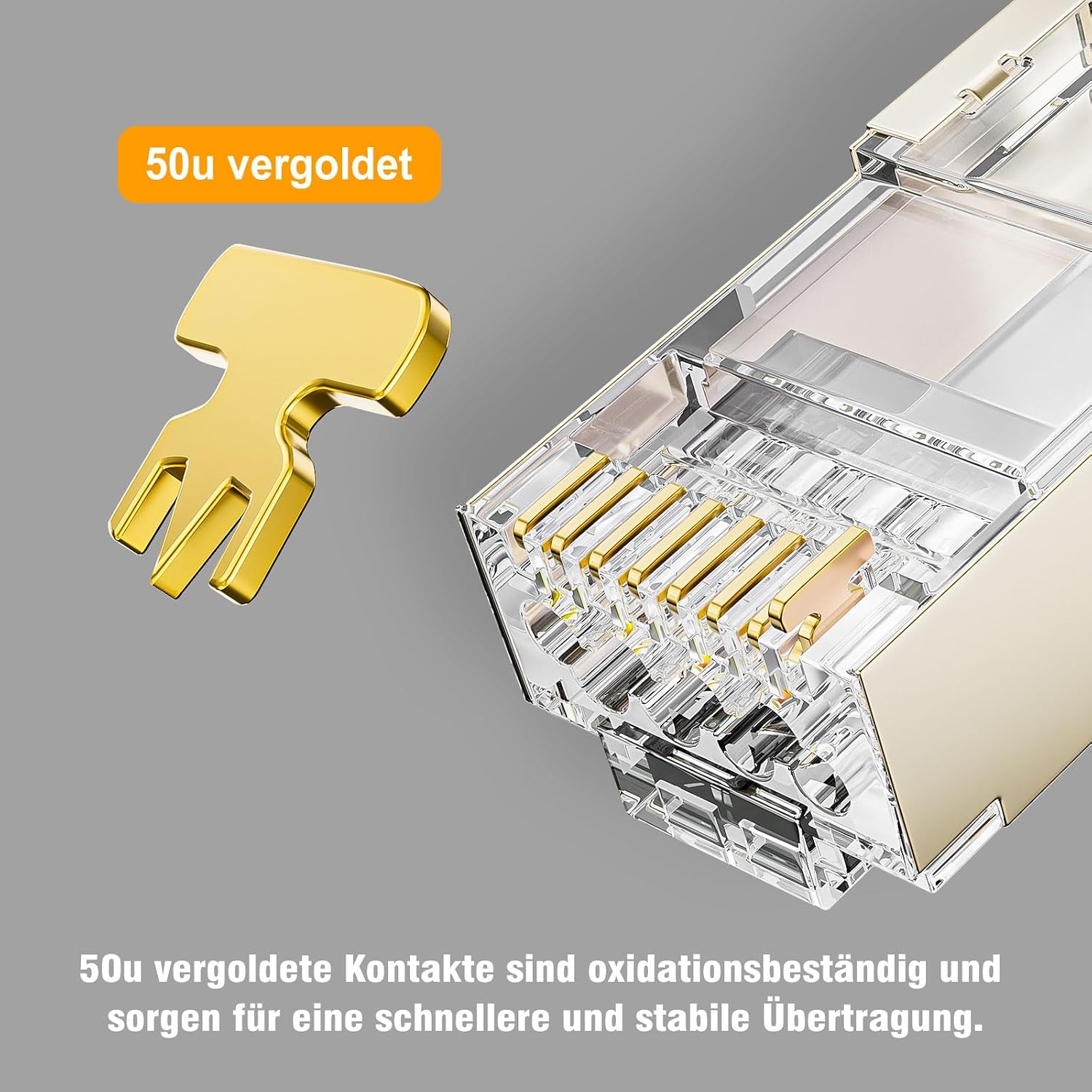 Detalle de iwillink 20x RJ45-Stecker CAT 7 (50 µ) geschirmt, Pass-Through – für Cat 7/Cat 6A, mit Einfädelhilfe & Knickschutz