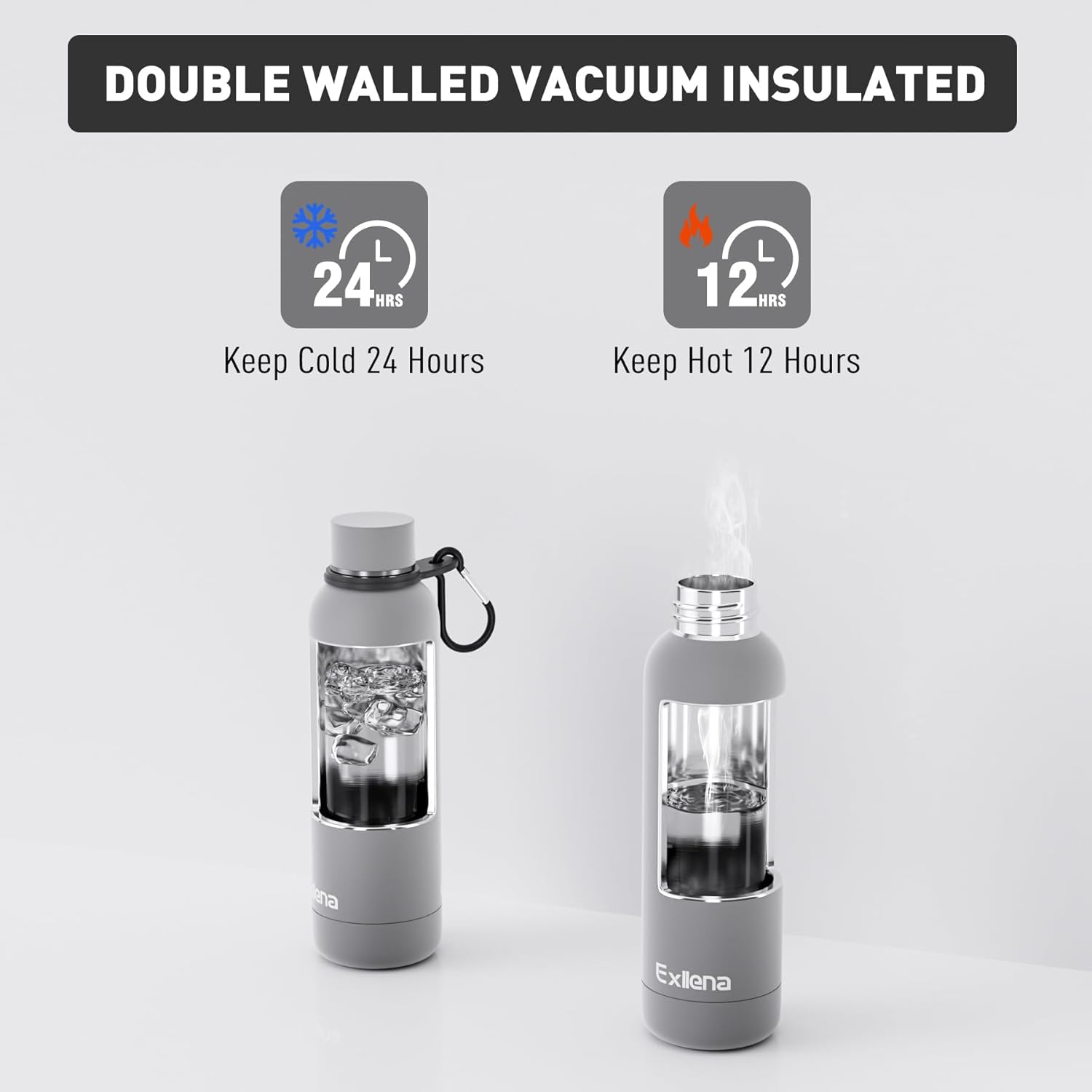 Thumbnail 2 de Exllena insulated water bottle 500ml with clip – double-wall vacuum drinks bottle (grey)