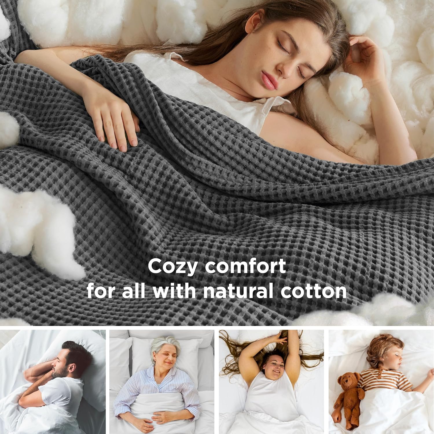 Detalle de Bedsure Blanket-Cotton-Fine Waffle King Cotton Blanket, Dark Grey