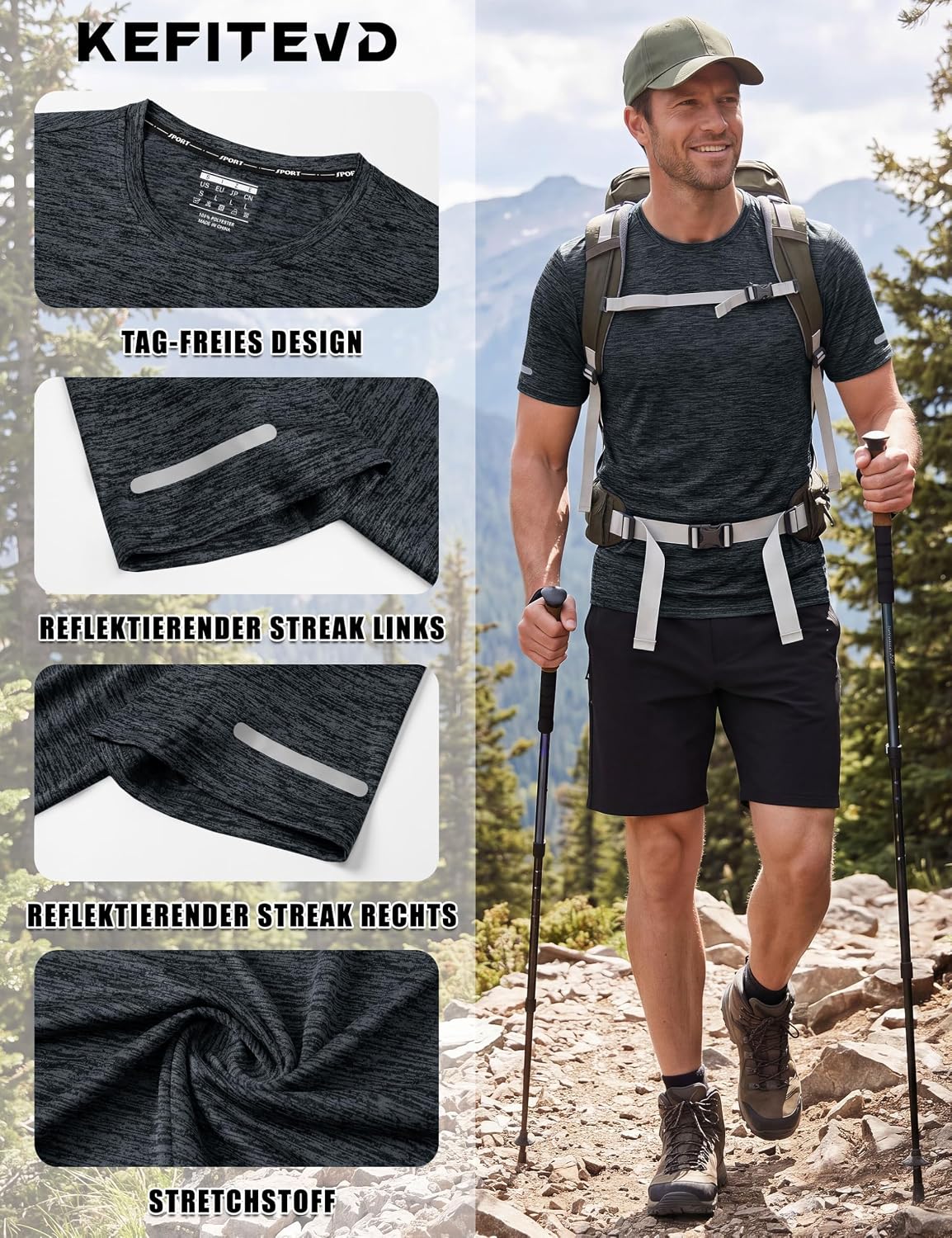 Detalle de KEFITEVD Funktionsshirt Herren – schnelltrocknendes, atmungsaktives Kurzarm-Trainingsshirt mit Reflektoren