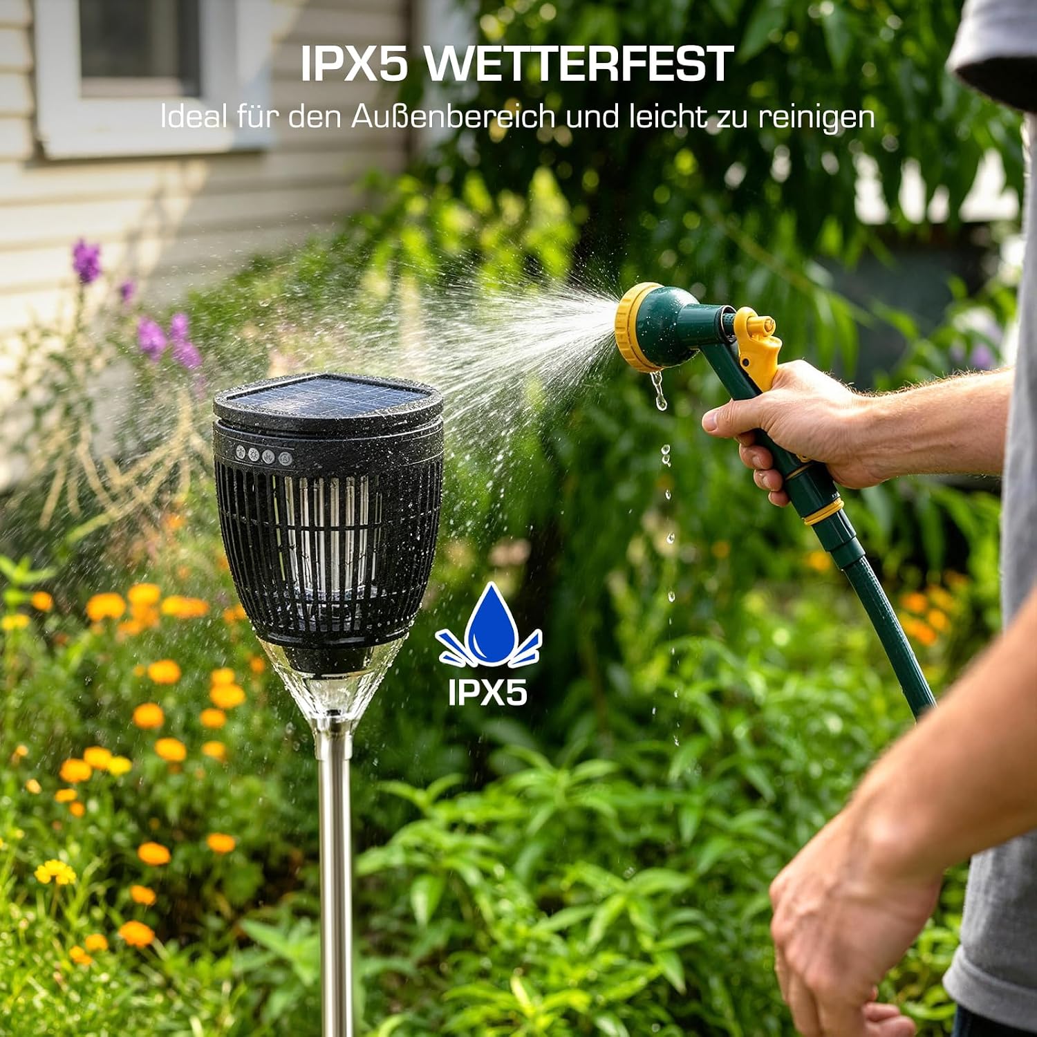 Detalle 2 de Dnenellr Solar Insektenvernichter Outdoor – kabellose 4200V Mückenlampe mit IPX5, Solar & USB-C, Erdspieß