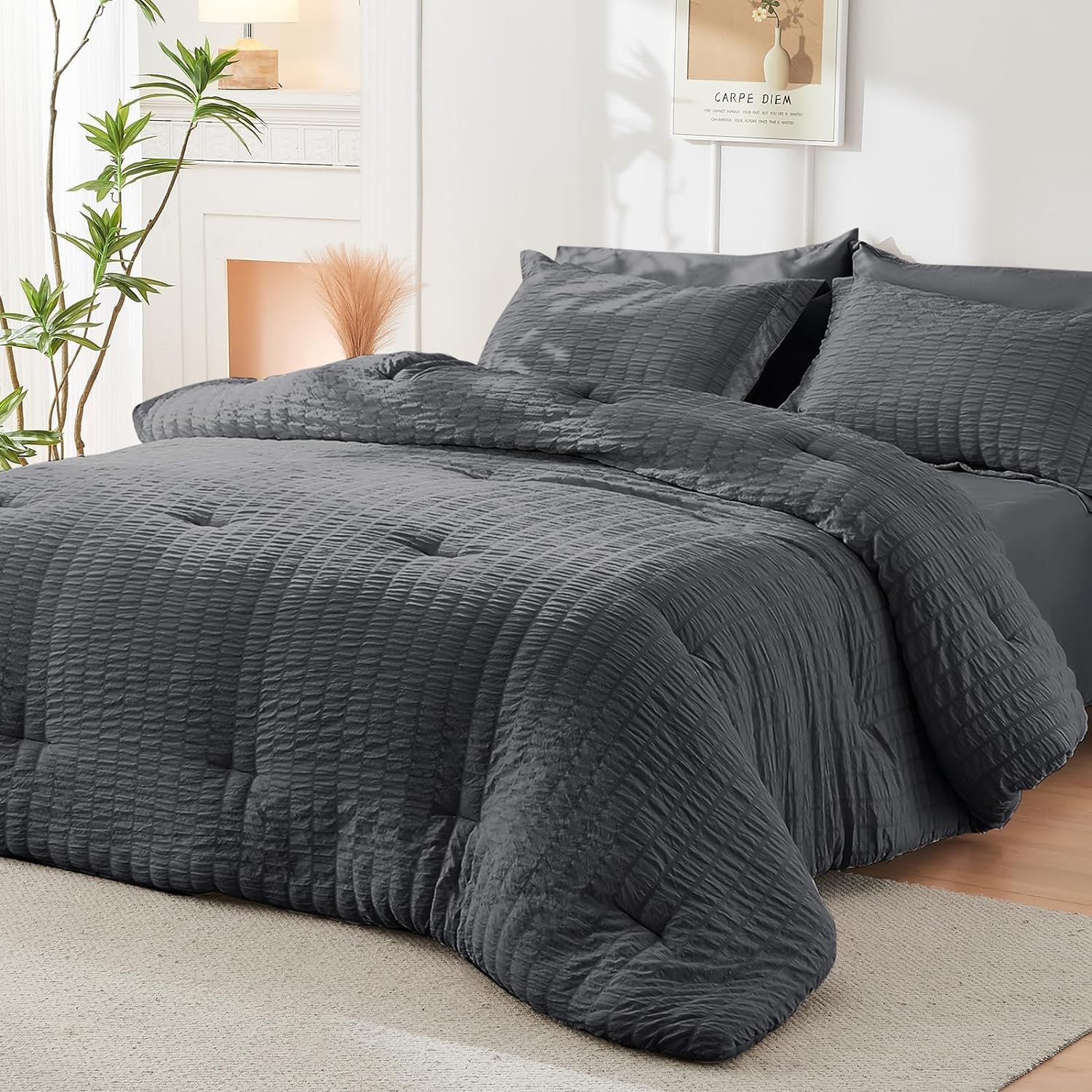 Thumbnail 6 de HYMOKEGE Queen Seersucker Comforter Set, 7-Piece, Dark Grey Microfiber