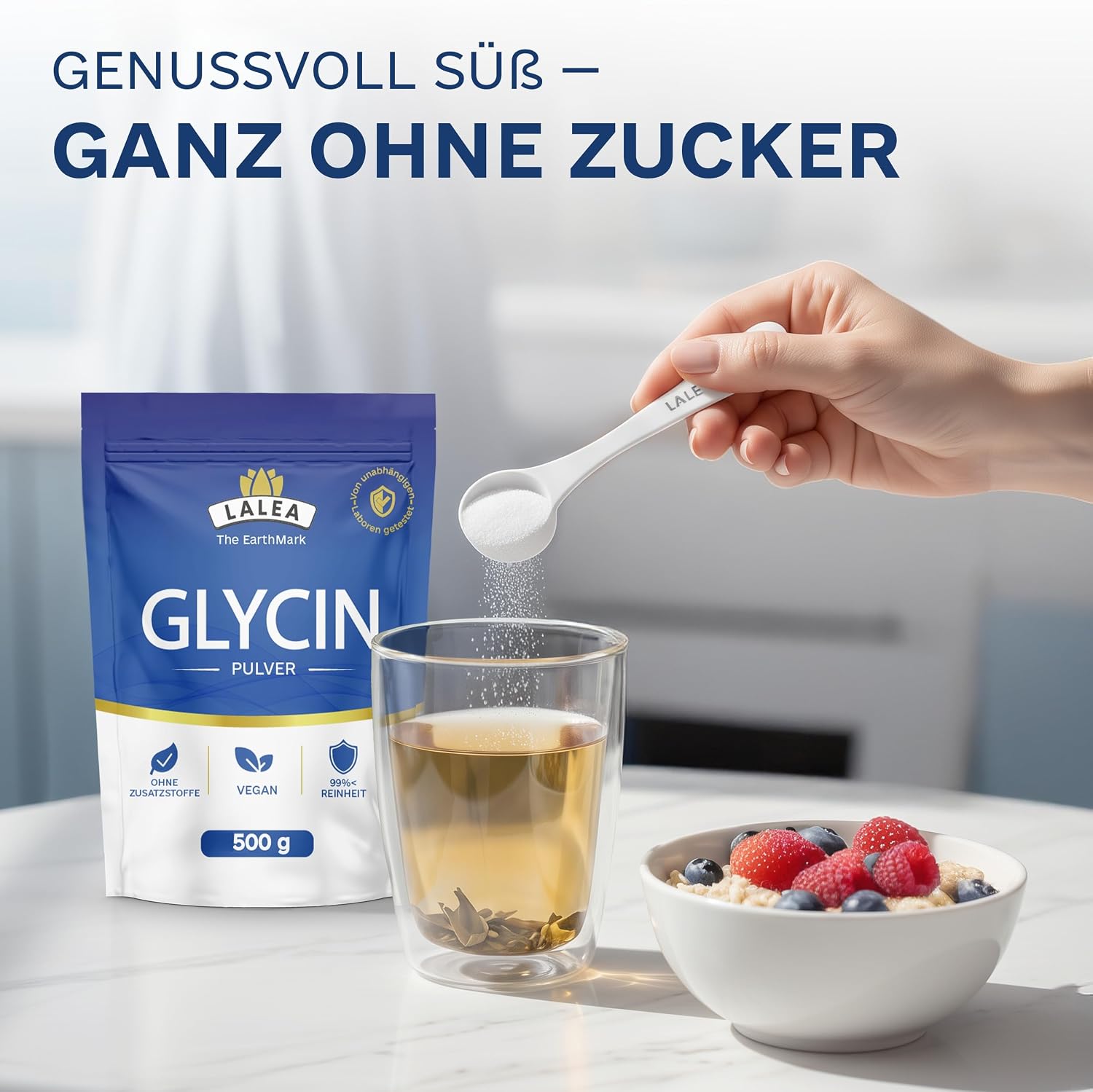 Detalle de LALEA Glycin Pulver 500g – 100% reines L-Glycin, vegan, hochlöslich – Schlaf, Gelenke & Haut unterstützen