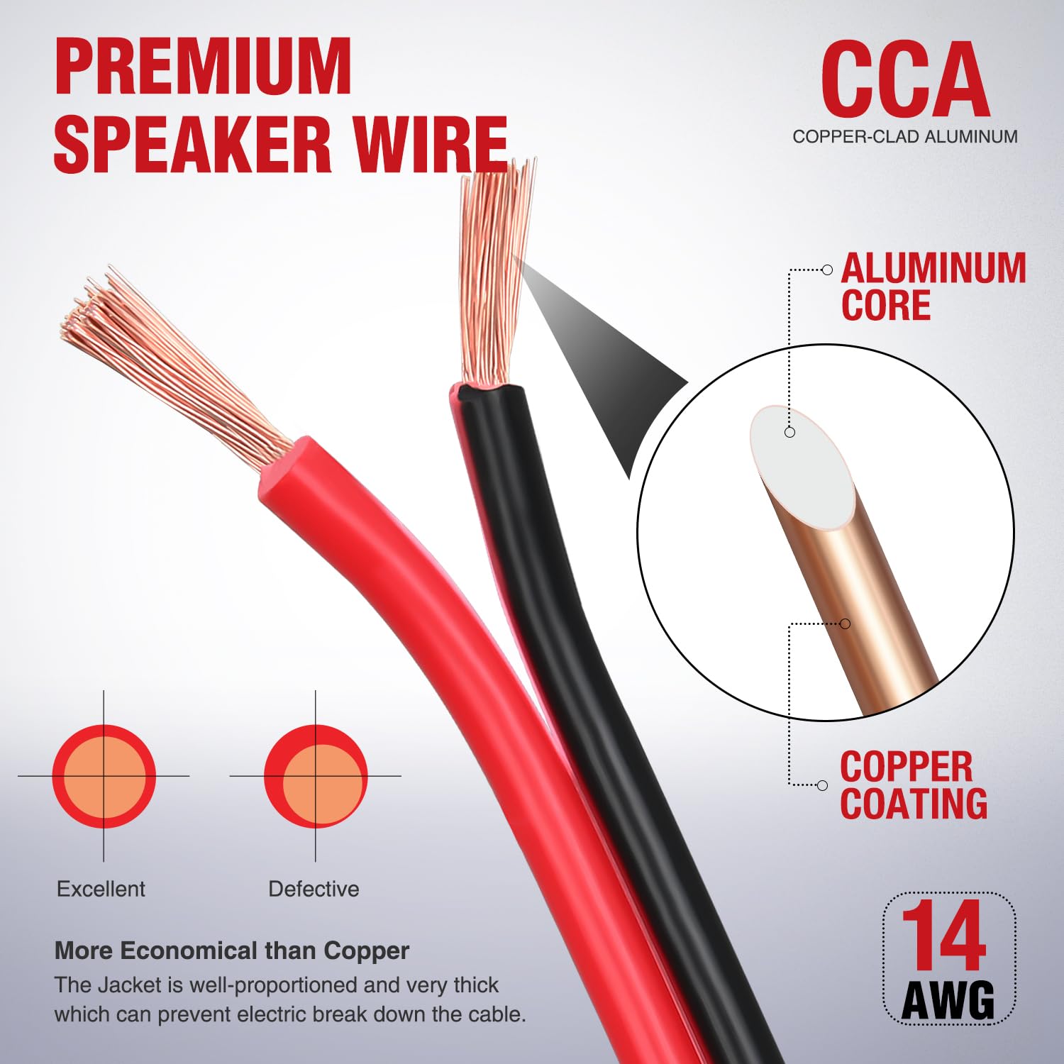 Detalle de Nilight 100FT 14AWG Copper Clad Aluminum Wire (14/2) – Red & Black, 2 Conductor, 12V/24V DC, Flexible CCA Car Audio Wiring