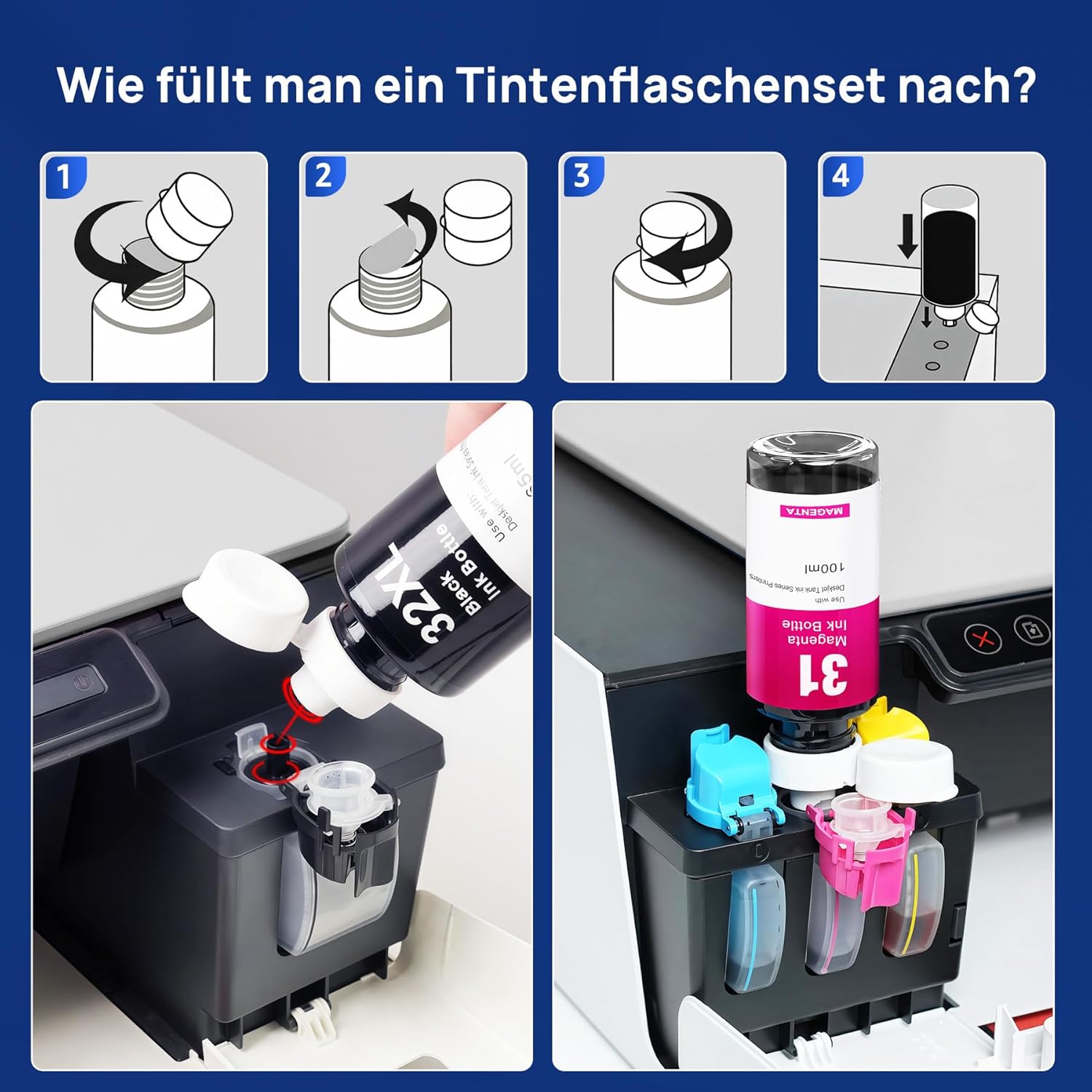 Detalle de Denvoer 31/32XL Tintenbundle für HP Smart Tank – 4 Flaschen, hoher Fassungsinhalt, einfache Nachfüllung