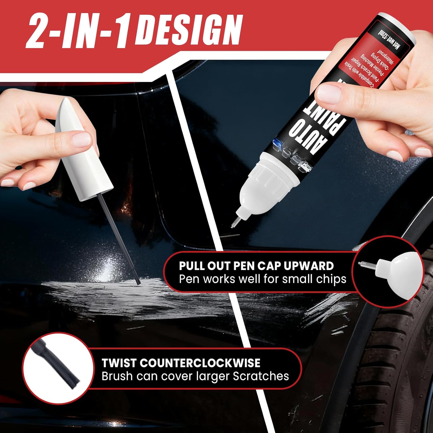 Thumbnail 2 de Qnofuit Touch Up Paint for Cars (Solid Black PBSB) — 0.4 fl oz, 2-in-1 Car Scratch Repair Pen for Tesla Models Y/3/X/S