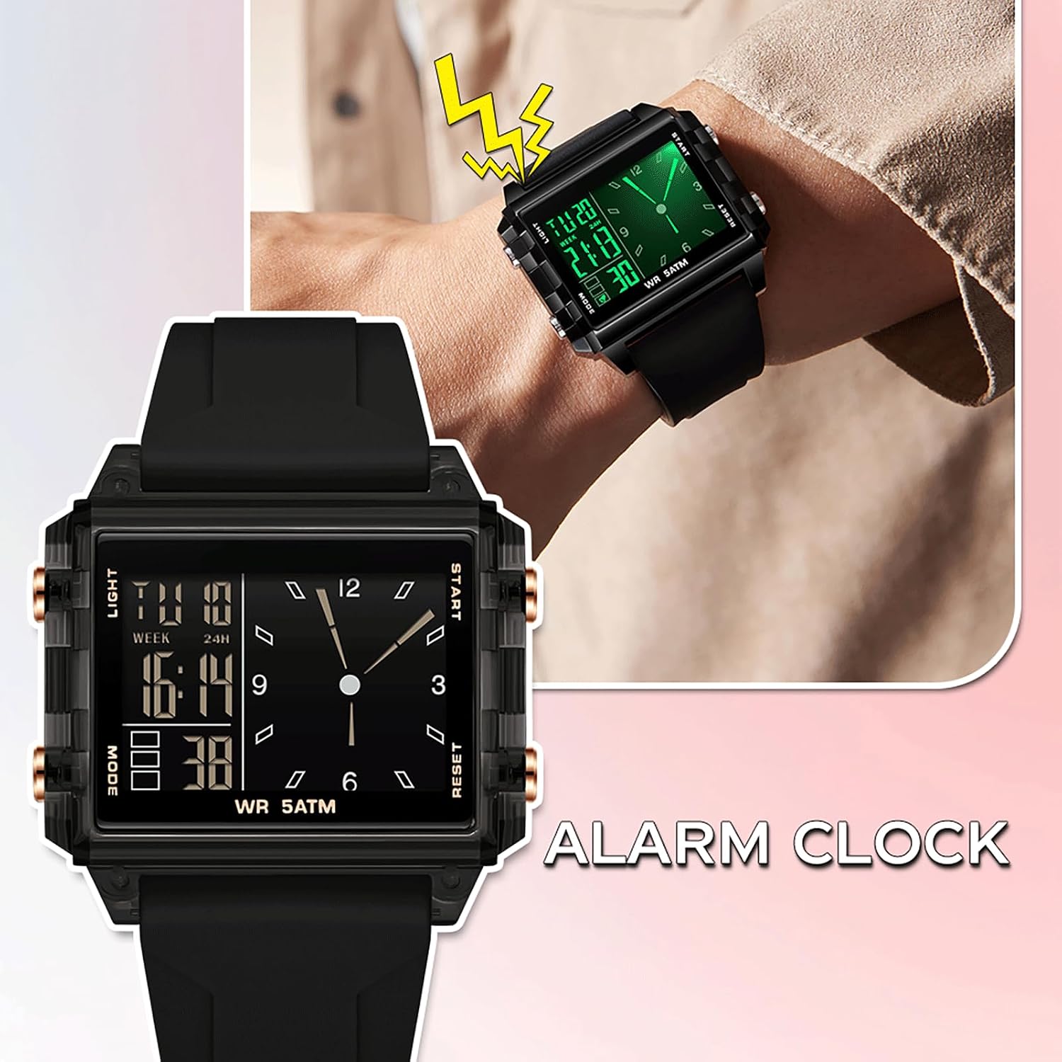 Detalle 2 de findtime Rechteckige Armbanduhr: Hybrid aus Digital- und Analoguhr im bunten Silikonarmband
