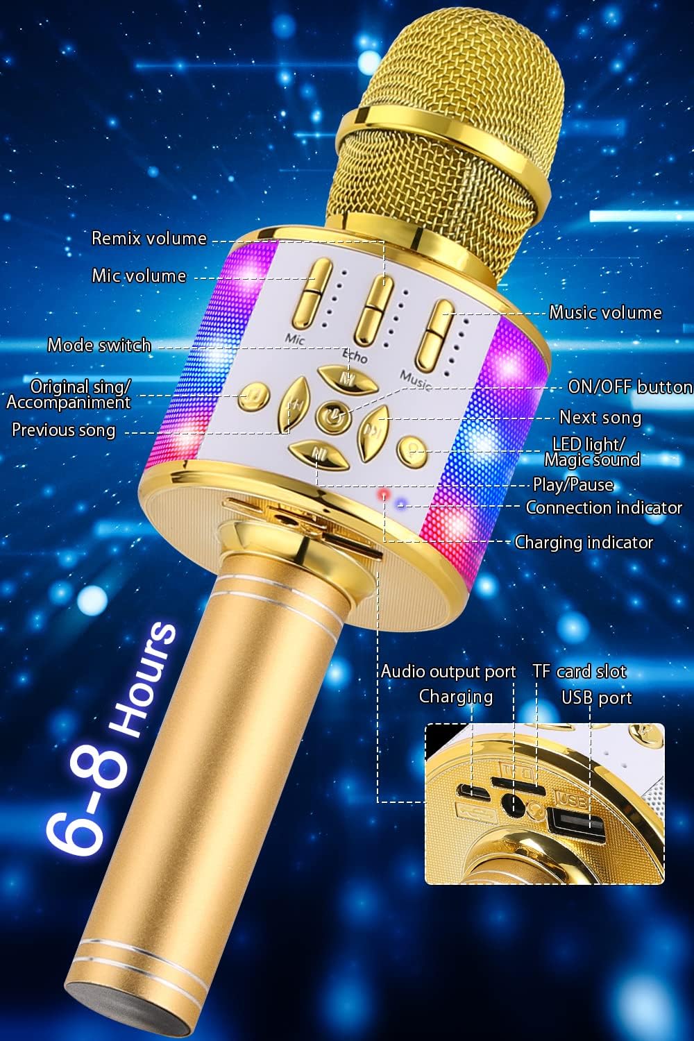 Detalle 2 de BONAOK Kabelloses Bluetooth-Mikrofon für Kinder & Karaoke (Gold) mit LED-Lichtern