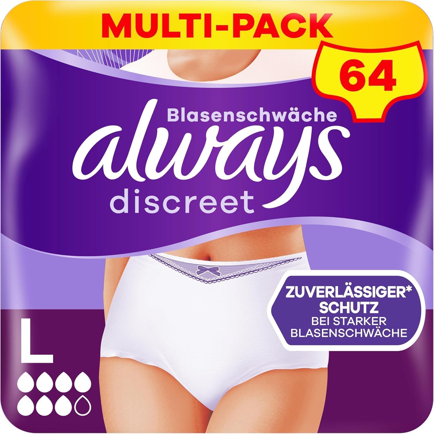 Detalle de Always Discreet Inkontinenz-Höschen Plus – Monatspaket Größe L, 64 Stück (8x8) für starke Blasenschwäche