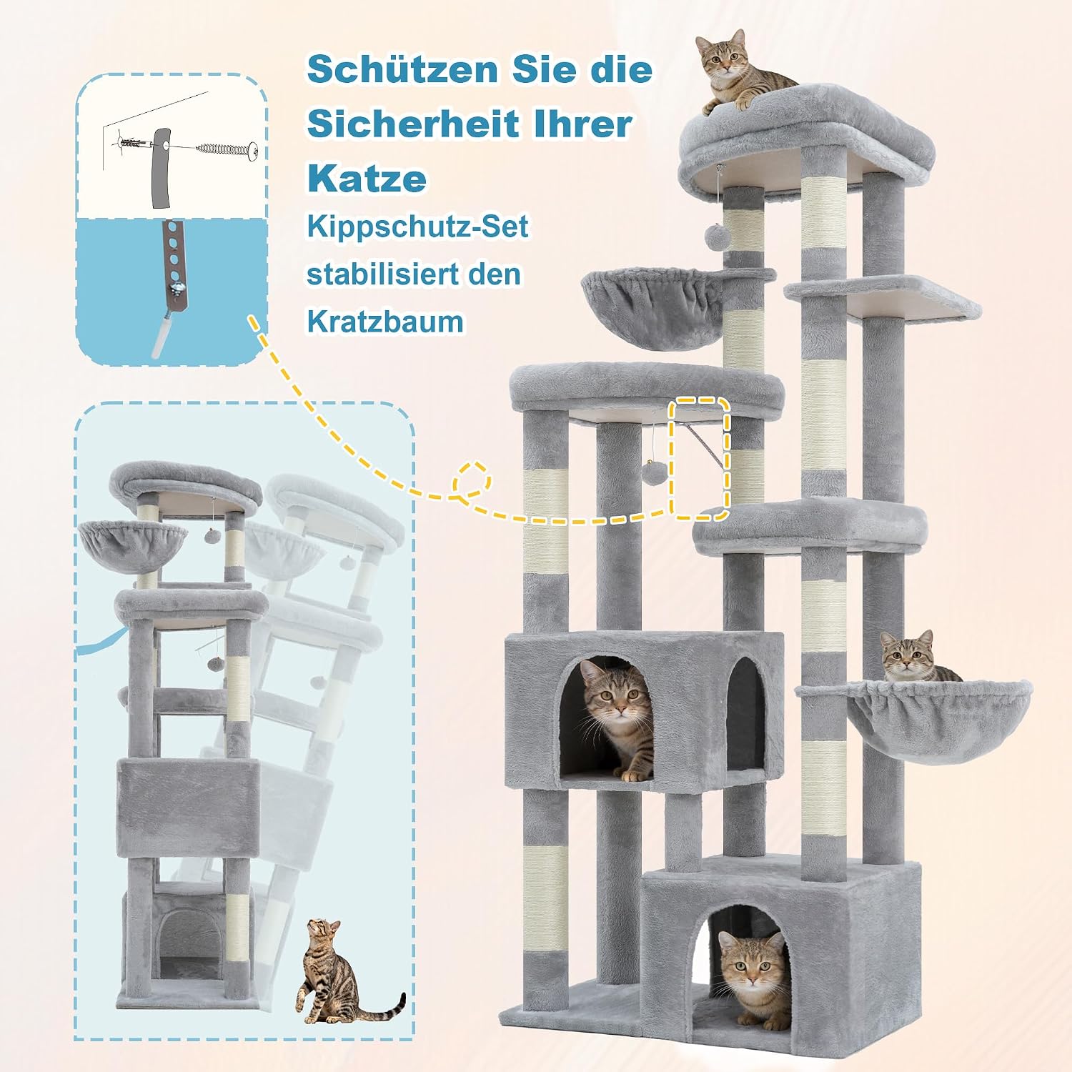 Thumbnail 6 de Hey-brother Katzenbaum 171 cm – stabiler Kratzbaum mit 3 Plattformen, 2 Höhlen und 2 Katzenbetten (Hellgrau, MPJ084W)