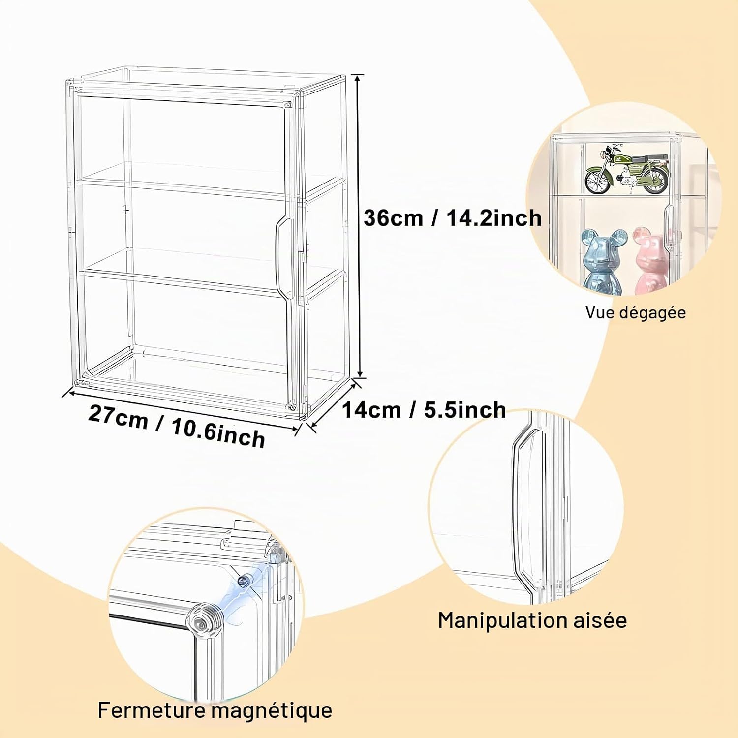 Detalle de Brizuf 1 acrylvitrine met 3 niveaus en 2 uitneembare legplanken