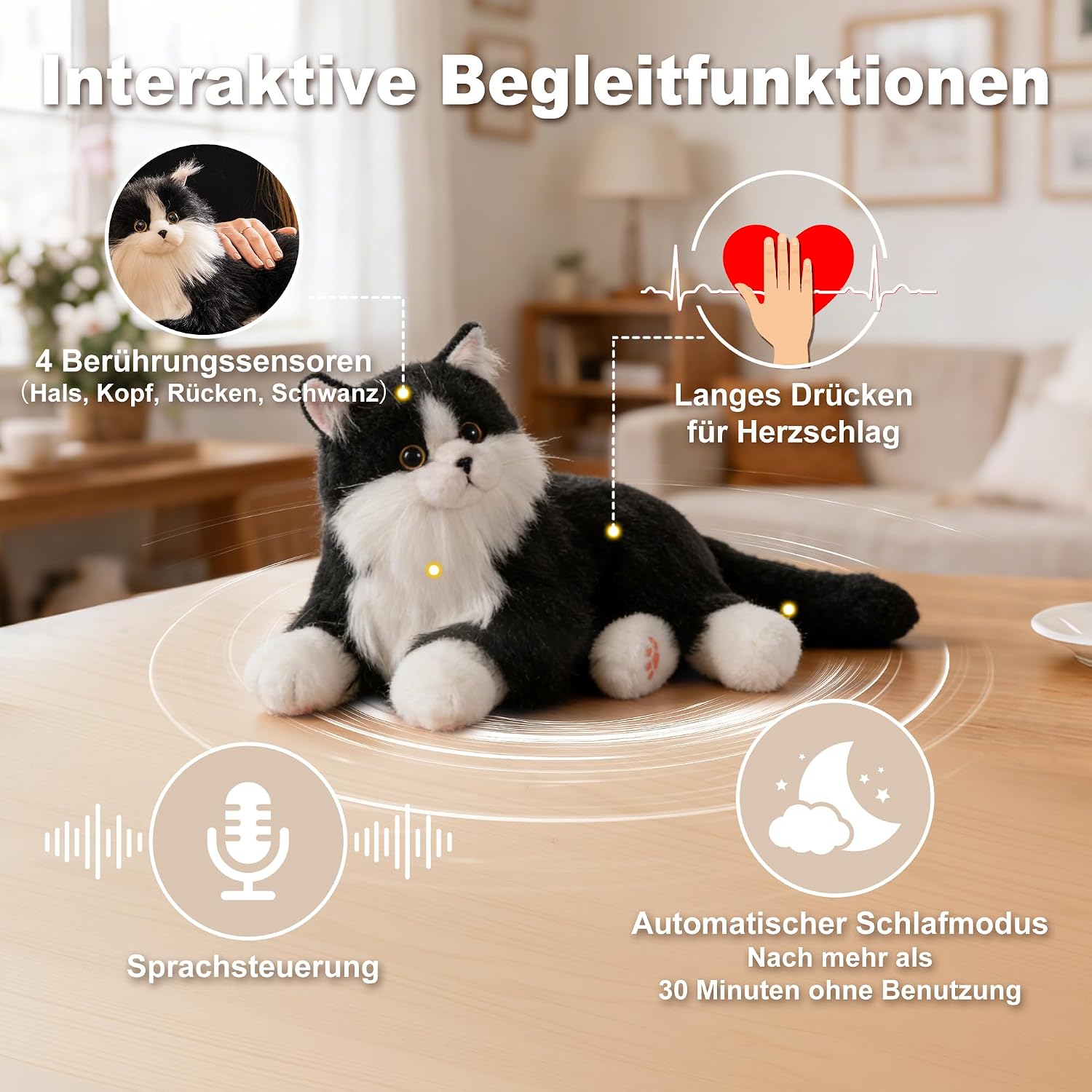 Thumbnail 1 de Chongker Roboterkatze – Interaktives Plüschkuscheltier mit Herzschlag, Schnurren und Miauen (Schwarz)