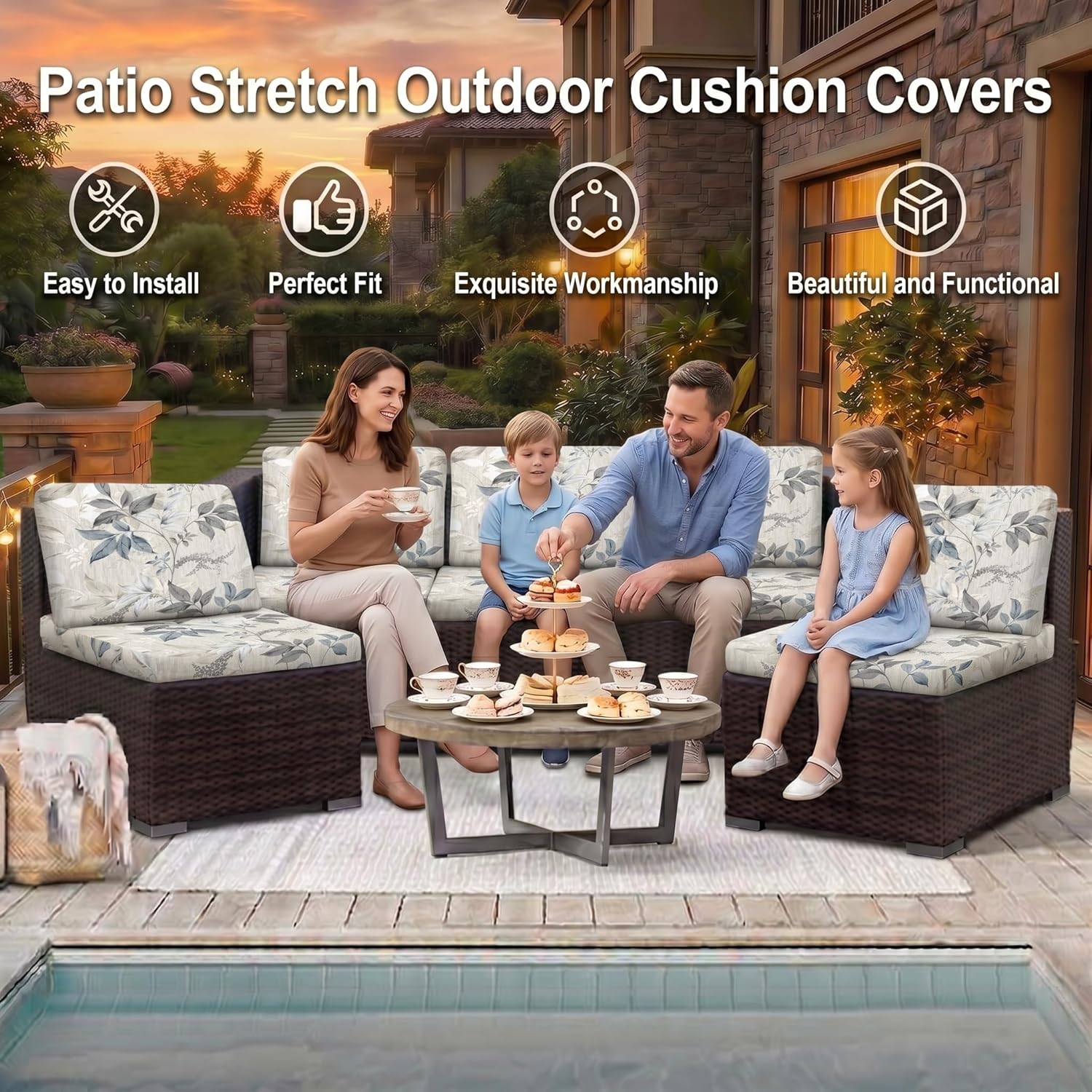 Thumbnail 2 de LiveGo 8-Pack Patio Stretch Sofa Cushion Covers (Flowers) for Outdoor Cushion Protection