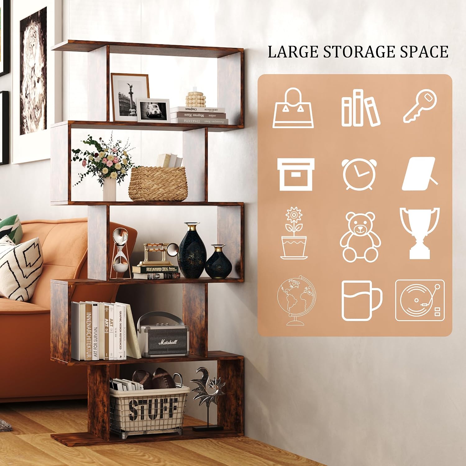 Thumbnail 6 de Yusong S-Shaped 5-Tier Bookshelf, Rustic Brown Geometric Display Shelf