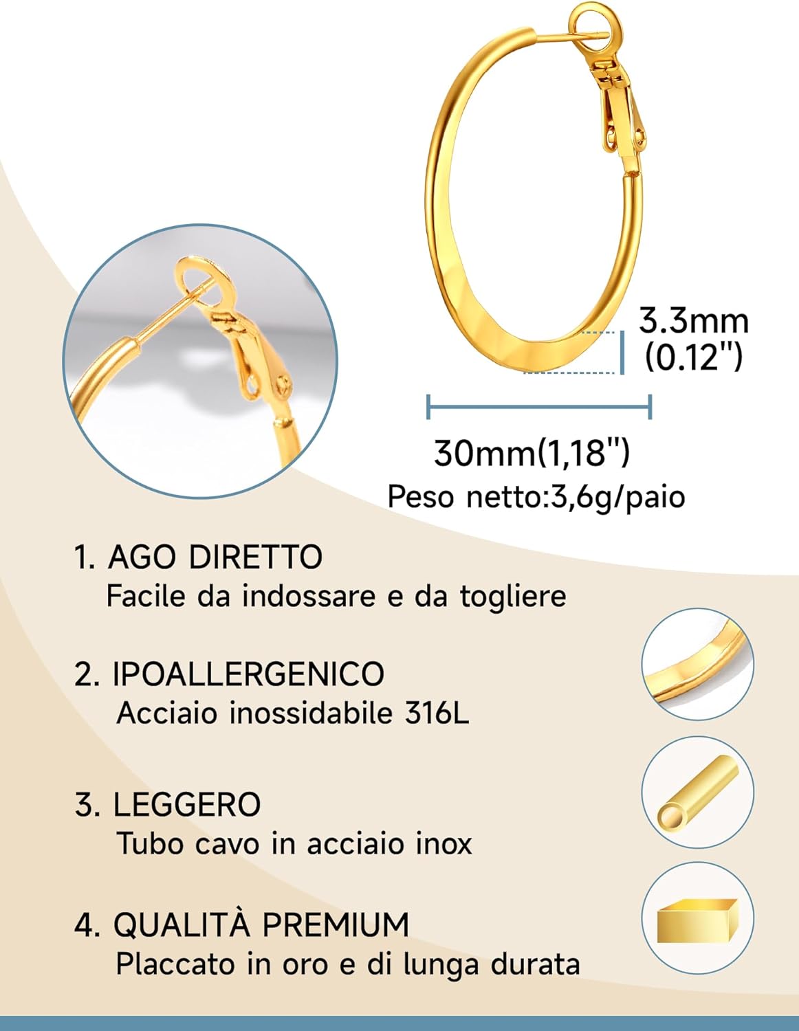 Thumbnail 4 de PROSTEEL Orecchini a Cerchio in Acciaio Inossidabile 316L – 30/40/60/80 mm