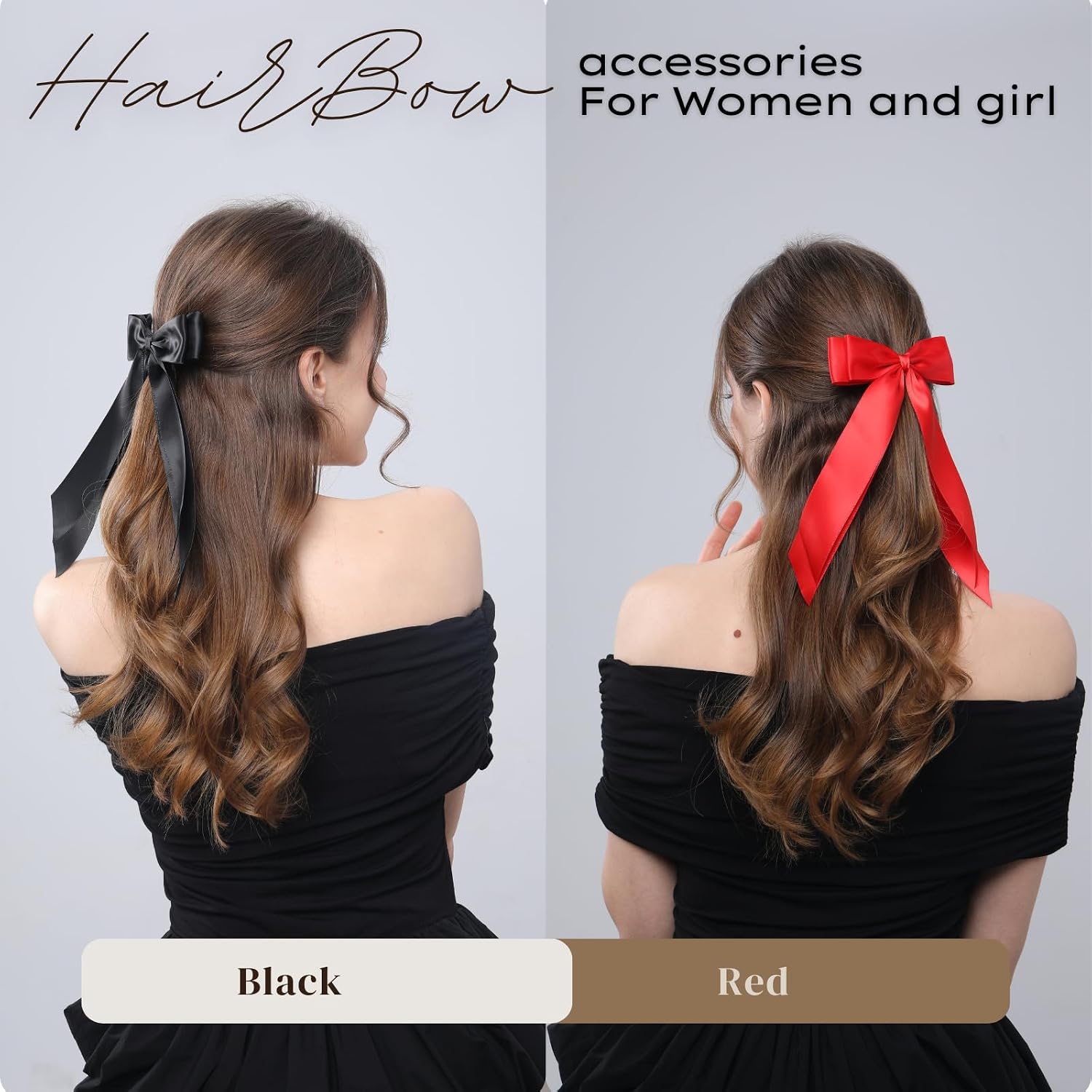 Detalle 1 de LuSeren Double-Layer Satin Hair Bows, 2-Piece Red and Black Clip Set