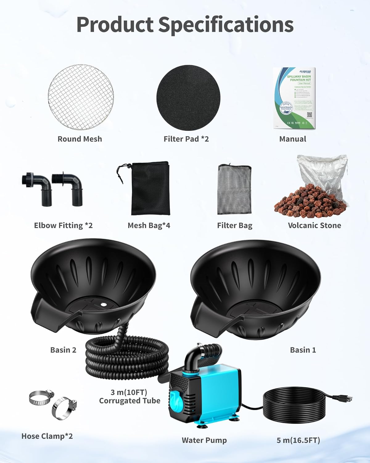 Detalle de POPOSOAP Spillway Bowl and Basin Fountain Kit — Mini Pond with 2500 L/h Pump